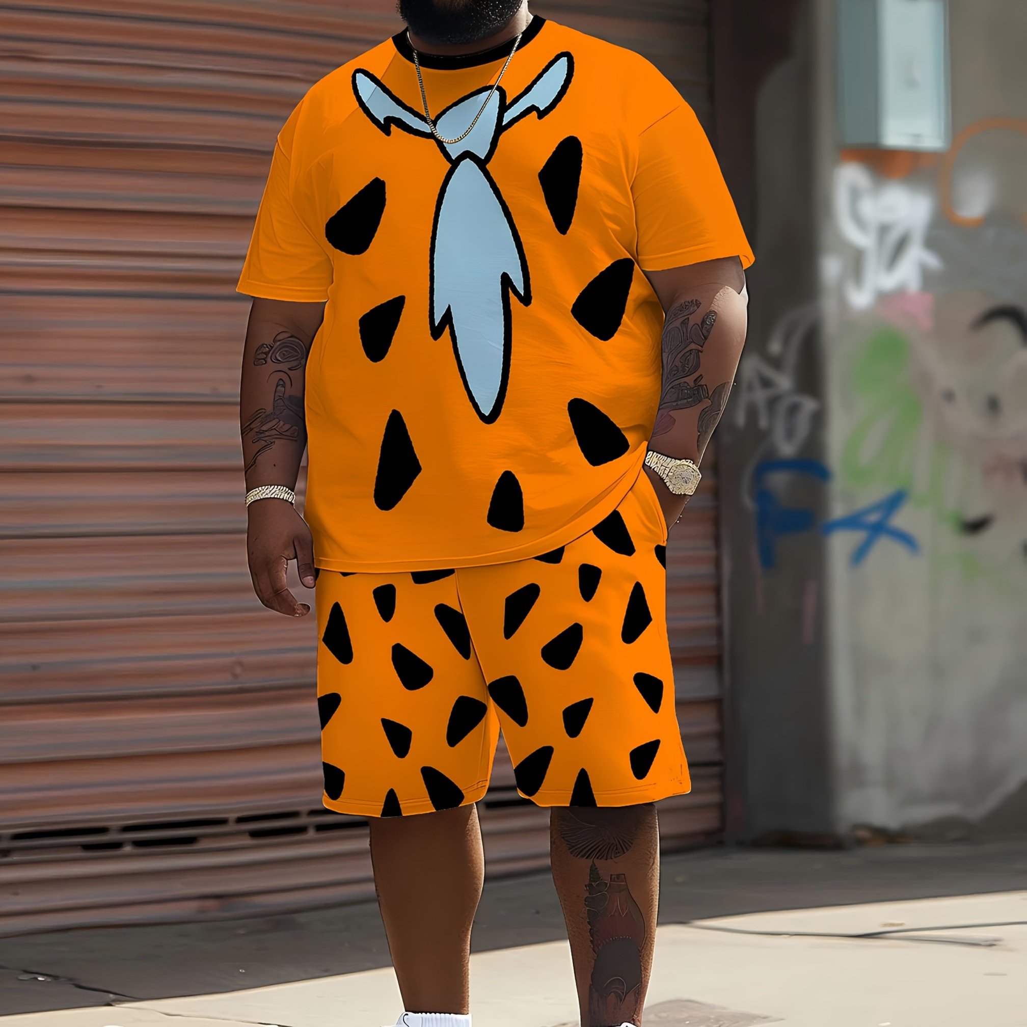 E-shop Herren-Großgrößen Modischer Anzug mit Fake-Kragen-Muster, Designer-Farbkombinationen, Casual Style, Rundhalsausschnitt Kurzarm, Shorts mit
