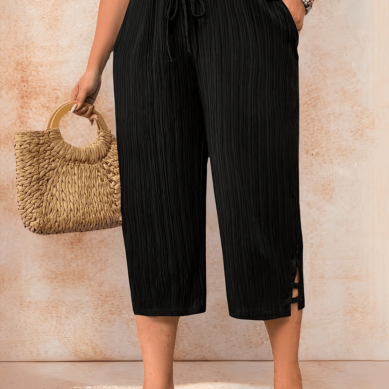 TEMU Plus Size - Lässige Urlaubs-Hosen für Damen in großen Größen, 3/4-Länge, Elegante Uni-Farbe, Geeignet für , Partys, Pendeln