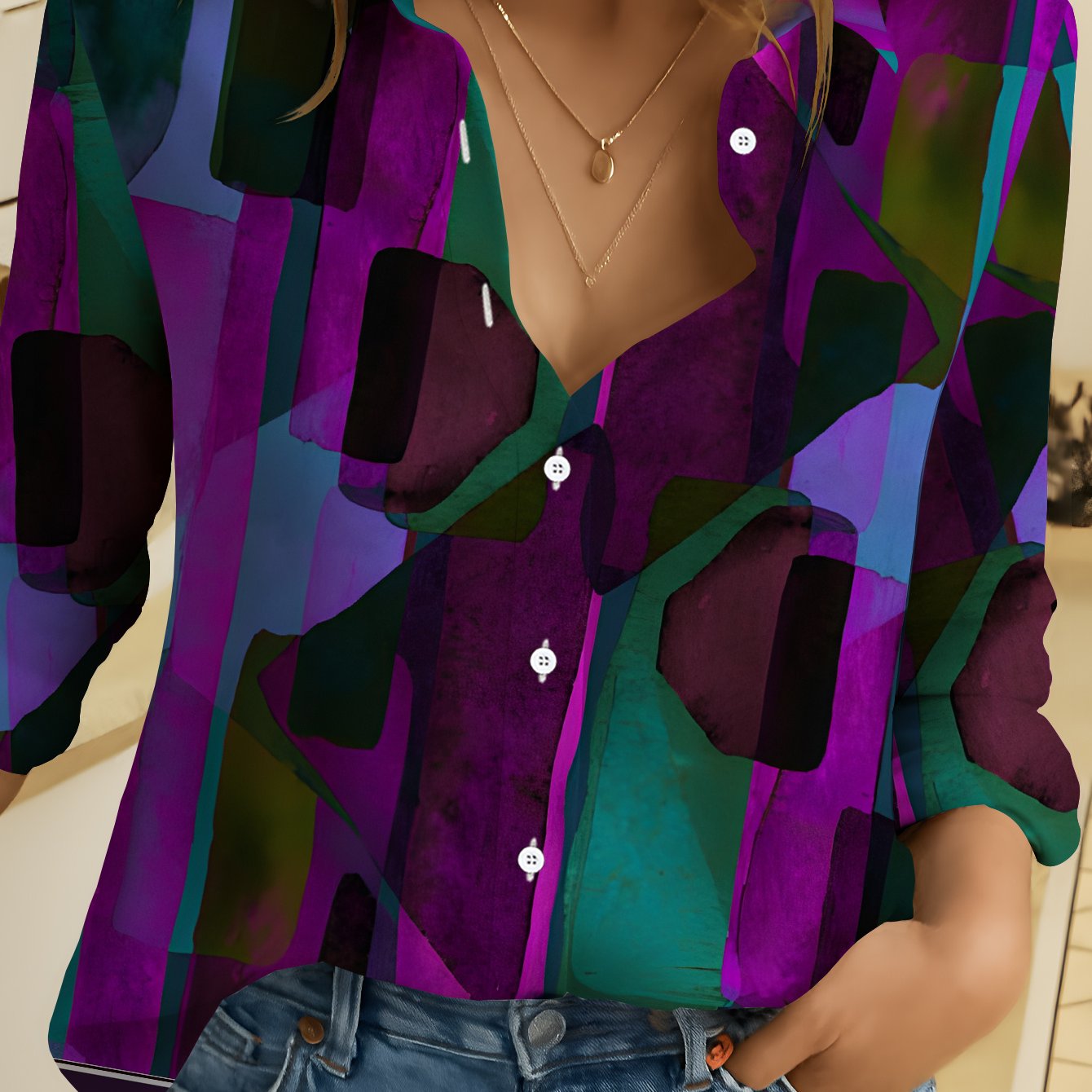 TEMU Women's Long Sleeve Shirt Abstract Women's Printed Shirt Geometric Elements Floral Shirt Blue Tone Women's Casual Shirt Soft Comfortable