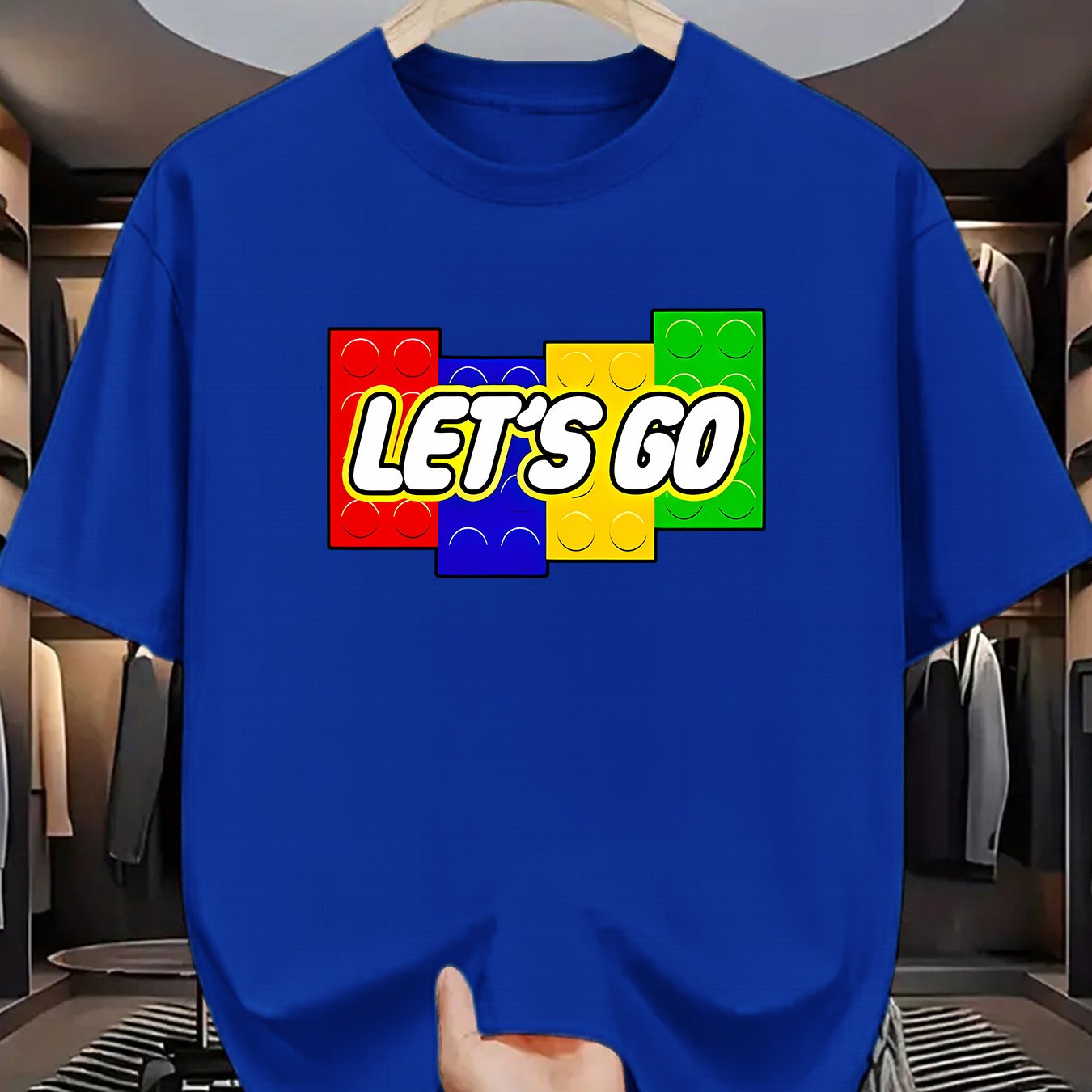 TEMU Camiseta "LET'" em LEGO com Estampa Icônico - Camisa Casual para Fãs, Design e Construção, Redonda Lavável na Máquina (Marca Não Licenciada