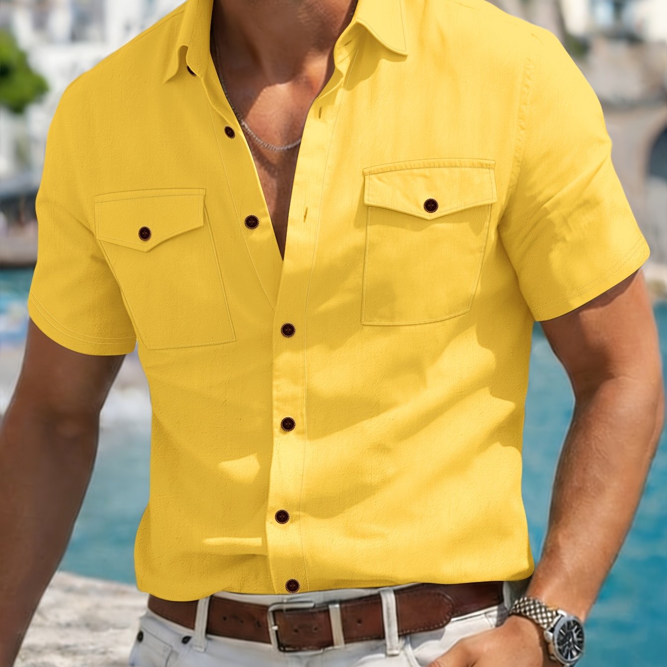 Image of Men's Short-sleeved Shirt Summer Fashion Comfortable Casual Cardigan Double Pocket Linen Top