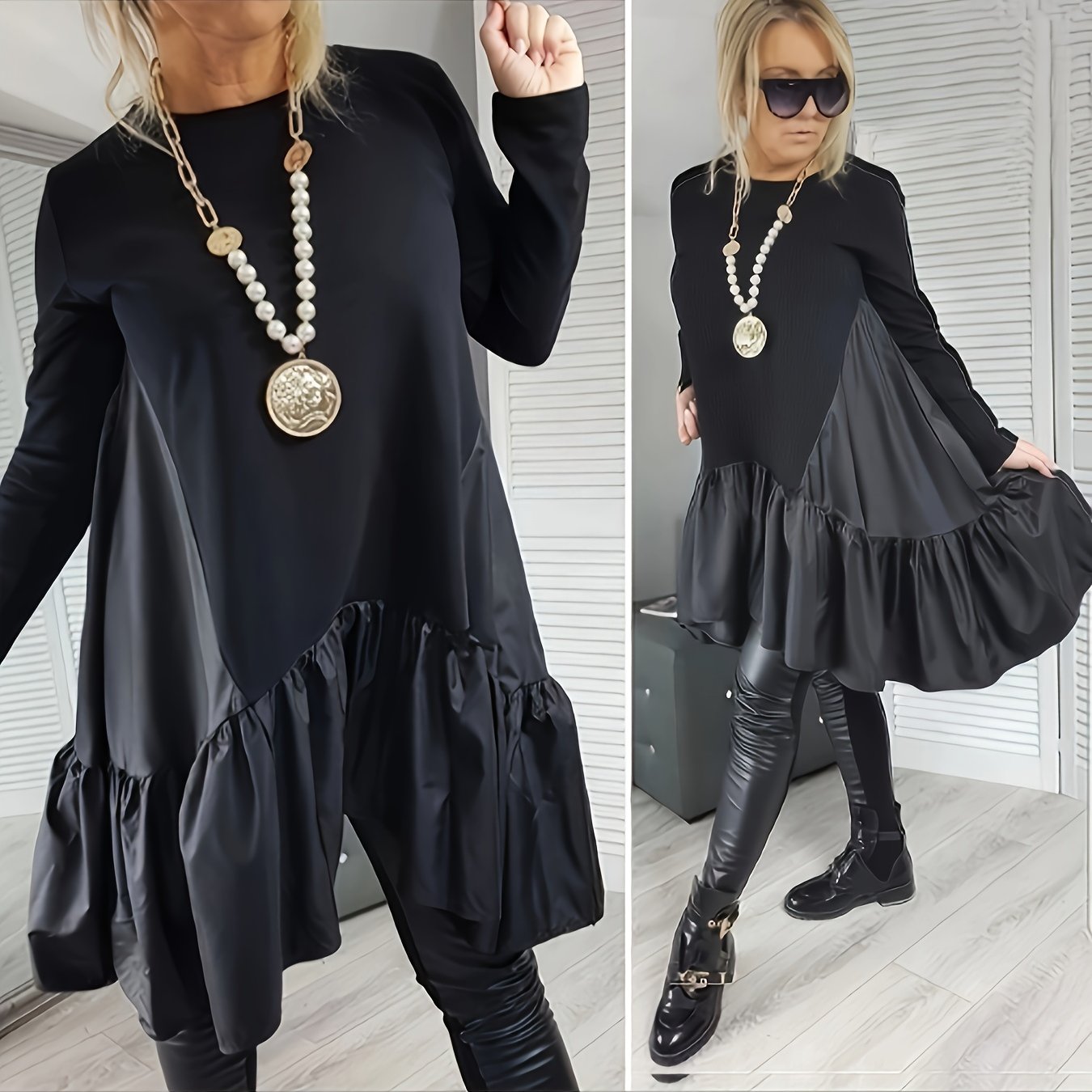 Image of Plus Size, New Sweatshirt Dress With , Glossy Hem, Ruffle Design, Elegant Casual Loose Fit, Round Neck, Long Sleeve, Plus Size
