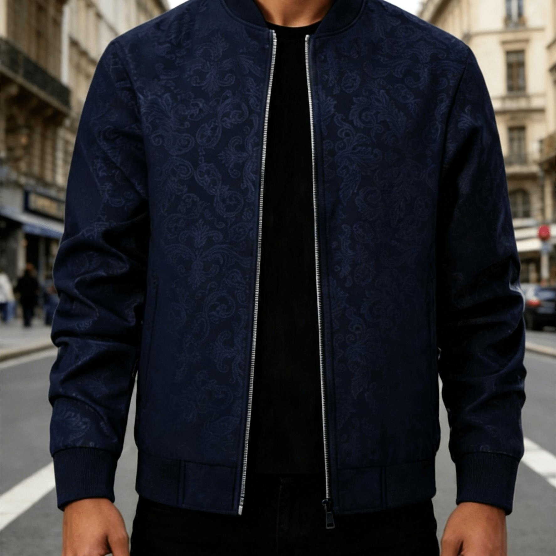 TEMU Men's Black Jacket - Modern Urban Casual Easy Loose Utility Top, Embossed Phoenix Print Texture Chinese Style Baseball Collar Men's Clothing,