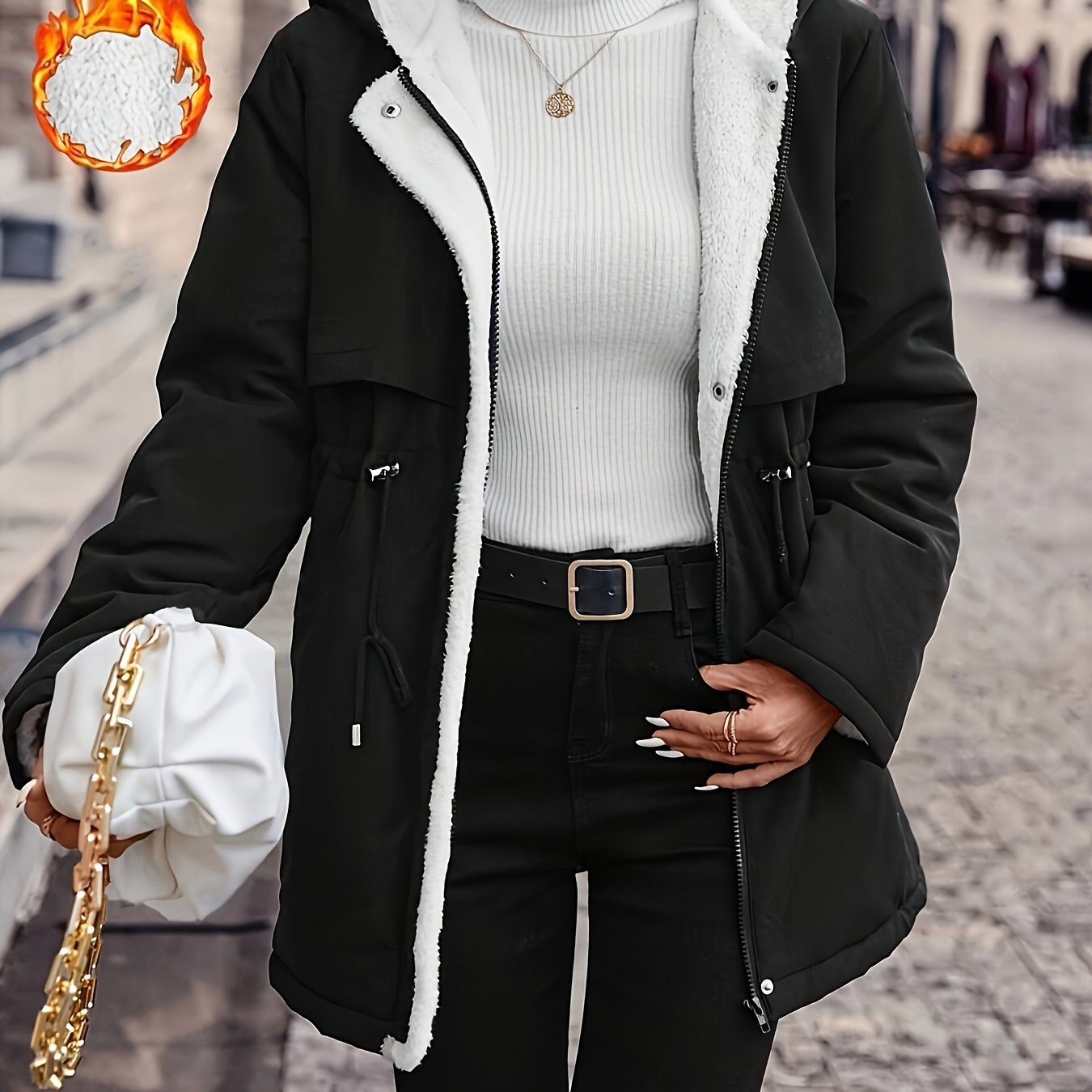 Women's Autumn/winter -lined Warm Hooded Zip-up Drawstring Waist Trench Coat Thickened Padded Jacket