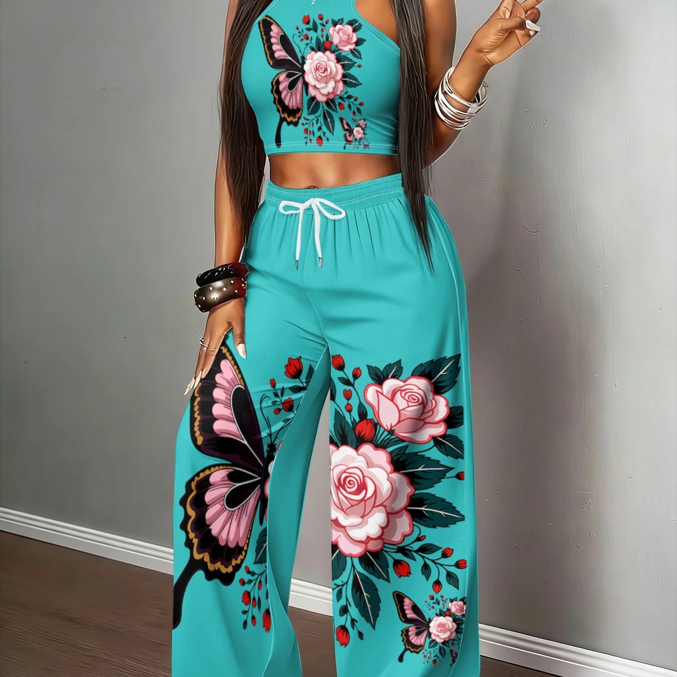 TEMU Women's Lake Blue Floral , Halter Crop Top  High Waist Wide Leg Pants, Y2k Casual 2pcs Set
