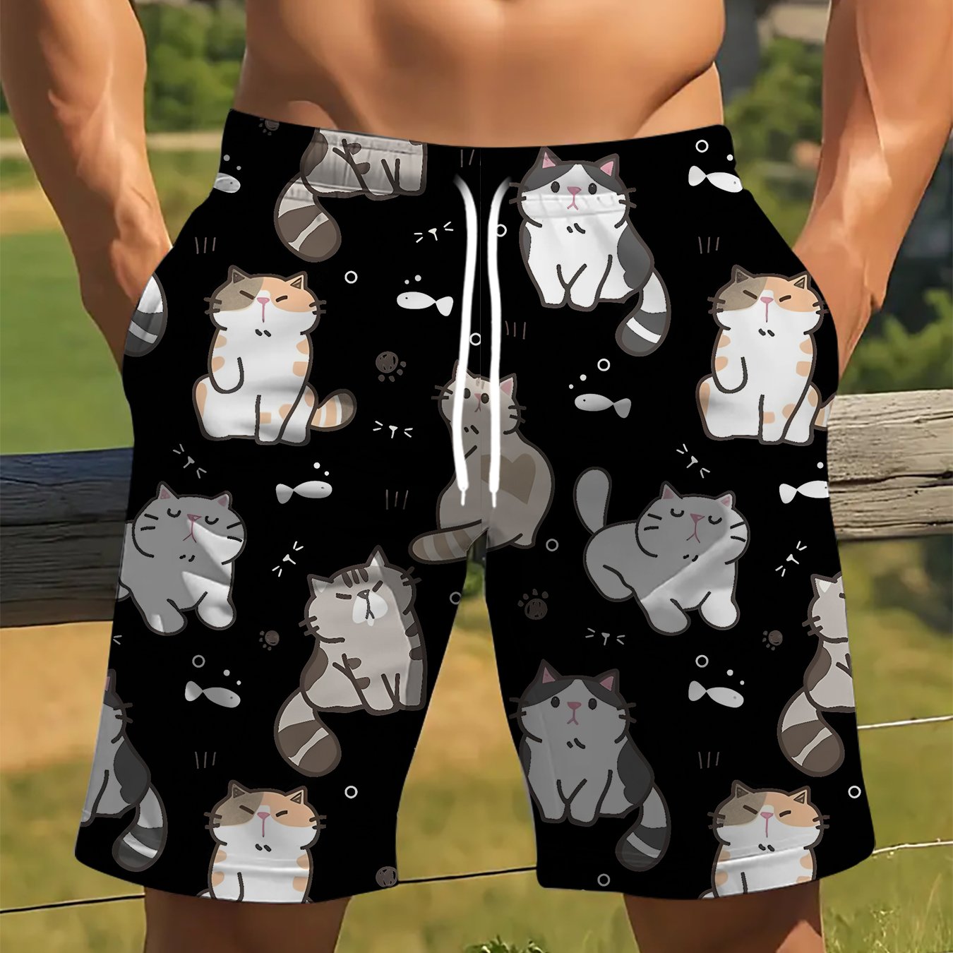 TEMU Men's Print Cartoon Cat Casual Shorts For Daily , Beach Vacations, Trendy Cool And Cute Cat-themed Fun Shorts