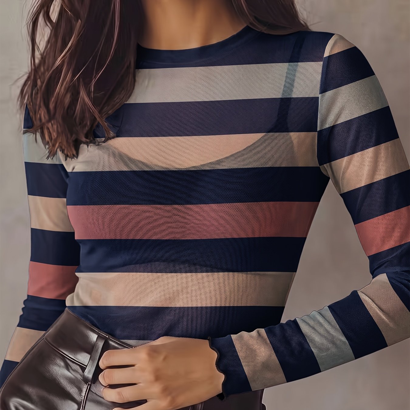 TEMU Women's Sheer Mesh Sexy Top With Horizontal Stripe Pattern, Print Design, Breathable, Comfortable, Skin-friendly, Stretchy Fabric, Elegant And
