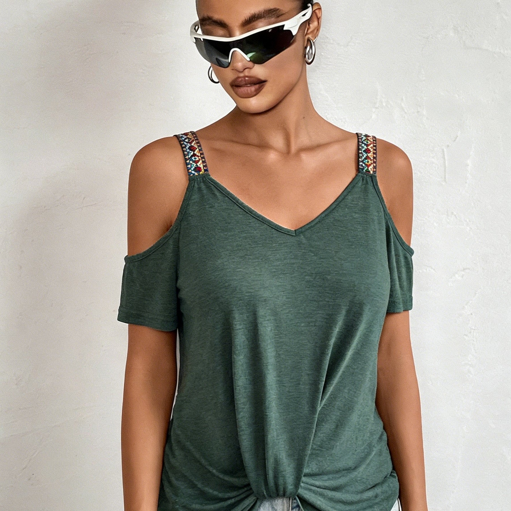 TEMU Summer Women Off Shoulder V Neck Blouse Contrast Ethnic Strap Casual Tee