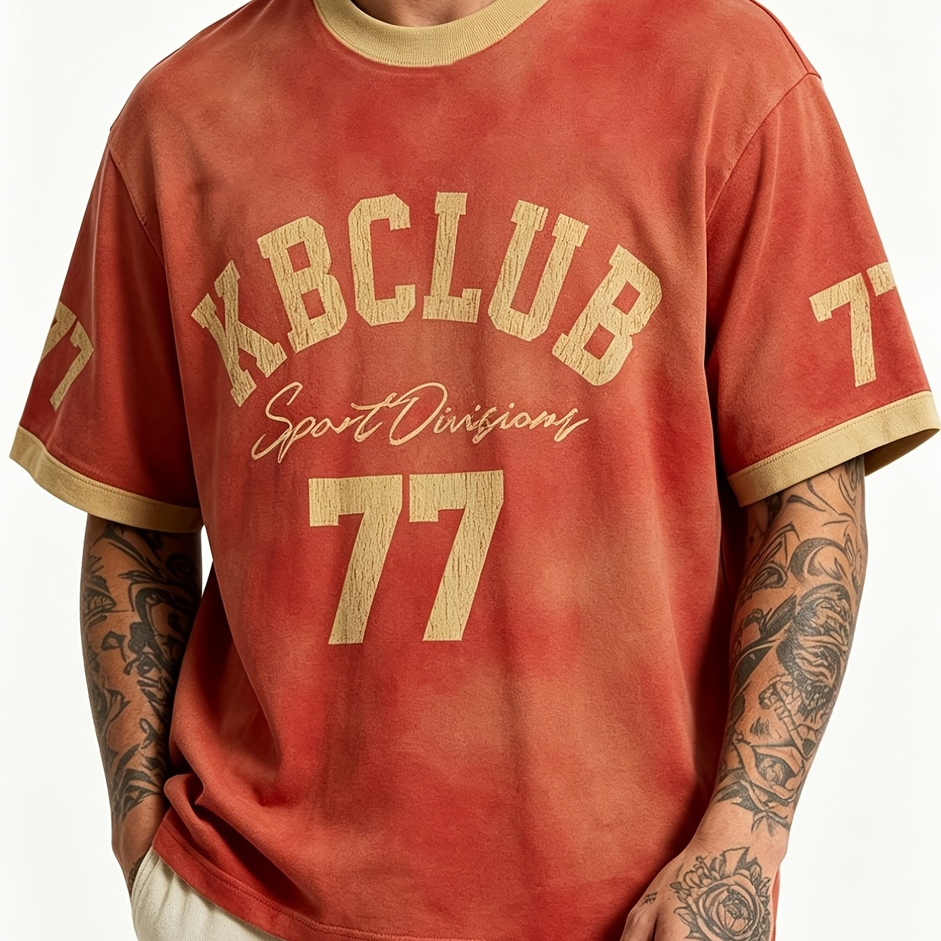 TEMU Plus-size Red Print T-shirt- Kbclub77 Distressed Color-blocking Design- Lightweight Short Sleeves- Summer Casual Sports Style Top, Retro College