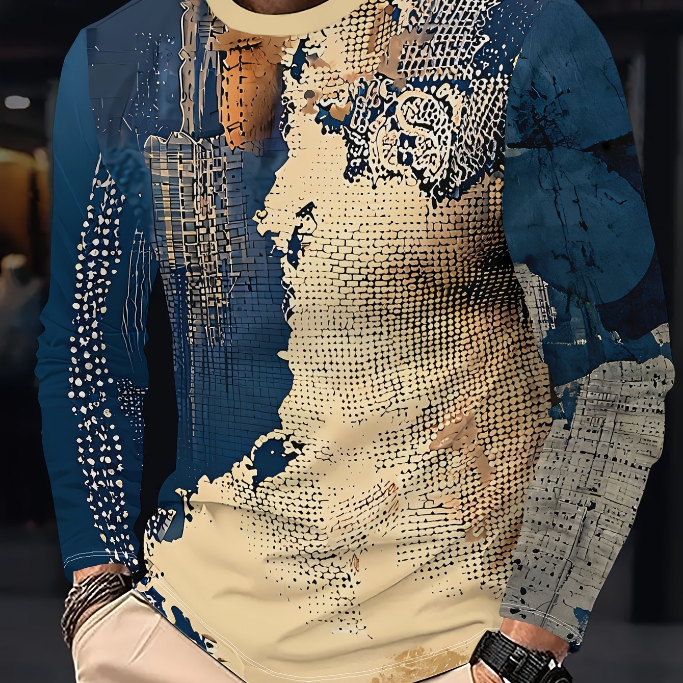 TEMU T-shirt à manches longues décontractée pour homme avec abstraits et géométriques beige sur marine, et confortable, idéal pour printanières et