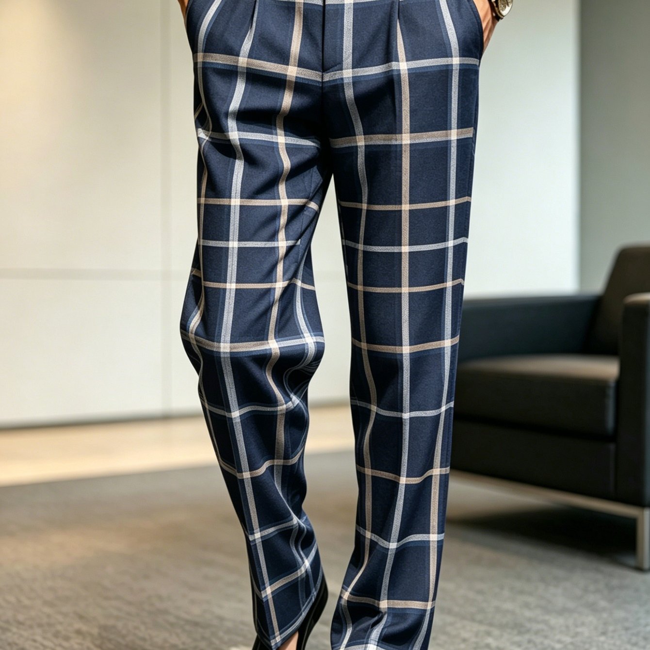 Image of Men's Navy Plaid Print Straight- Trousers - Versatile Office & Casual Pants Suitable For Work, Commuting, Daily Wear, Machine Washable Regular Fit Suit Trousers With Plaid, Wardrobe Staple
