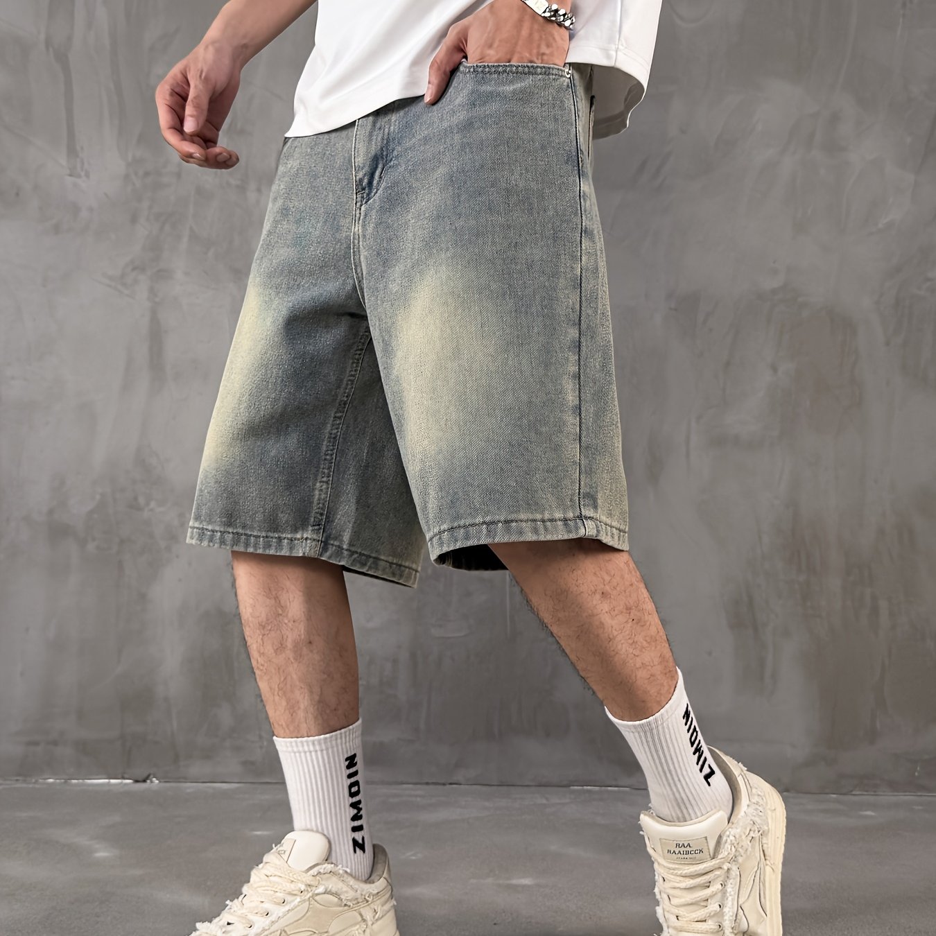 Men's Summer Non-stretch Denim Shorts - -, Vintage Distressed Washed, Loose Straight-leg Casual Pants