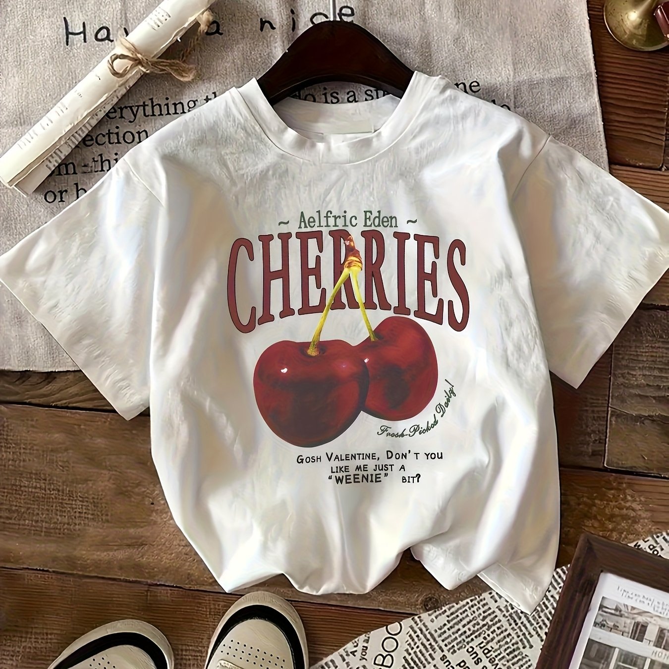 Women's T-shirt With Cherry Print, Y2k , Suitable For