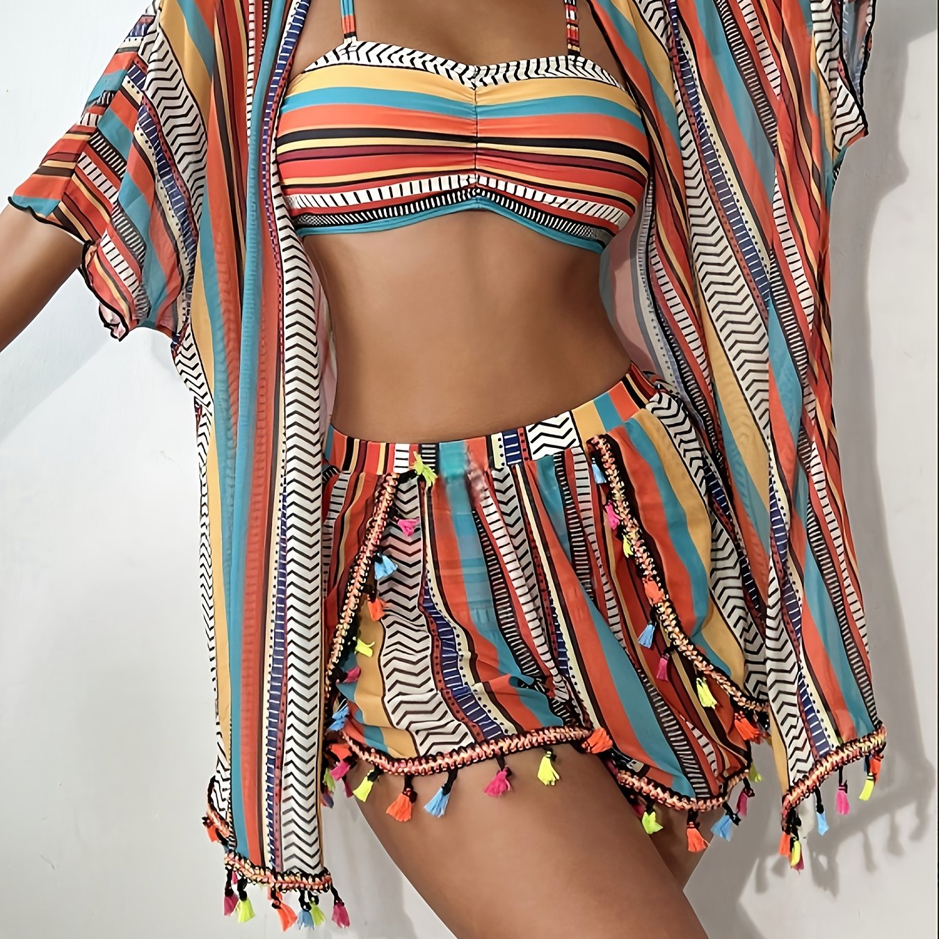Women's Easy Striped Print Bohemian Split 4pcs Bikini Set