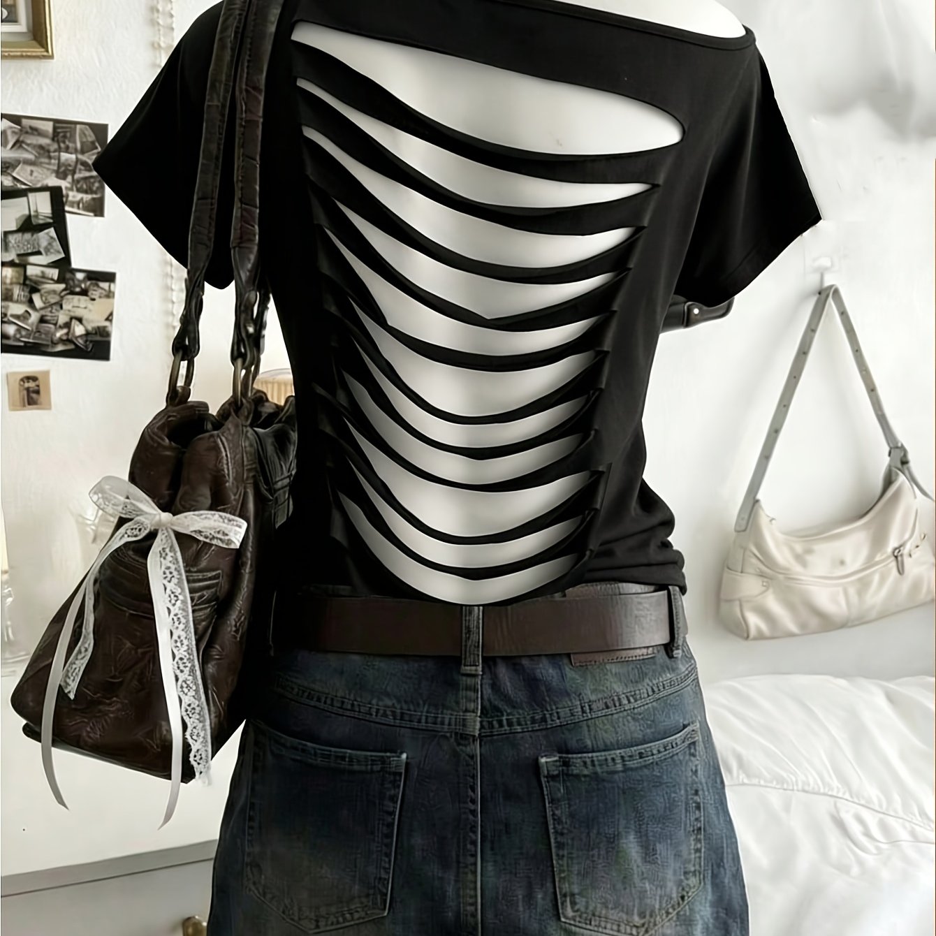 Women's Sexy Solid Color Asymmetrical Neckline Backless Summer T-shirt, Women's Top