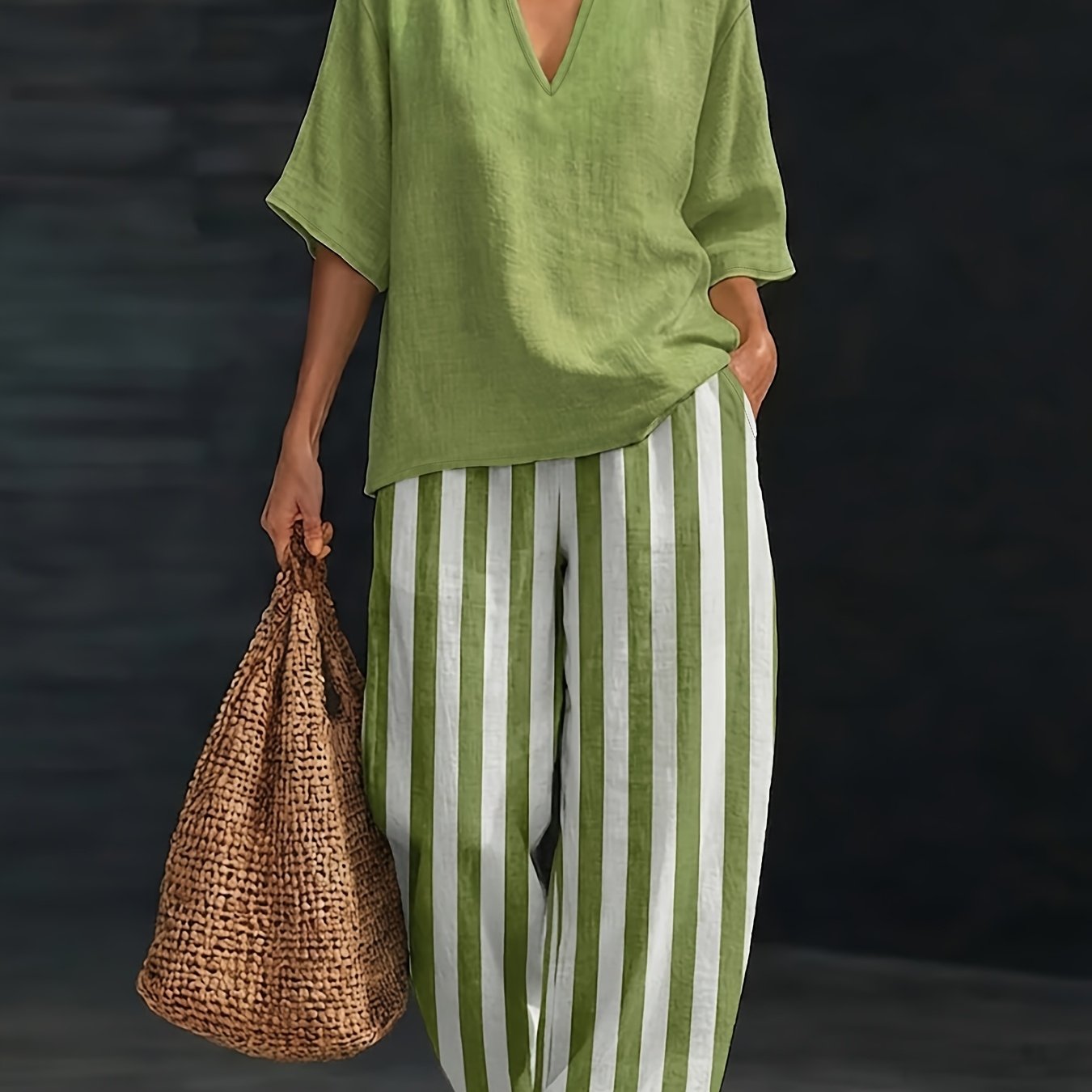 TEMU Women's Fashion Loose Casual Two-piece Set, Off-shoulder V-neck Top And High-waist Striped Wide-leg Pants