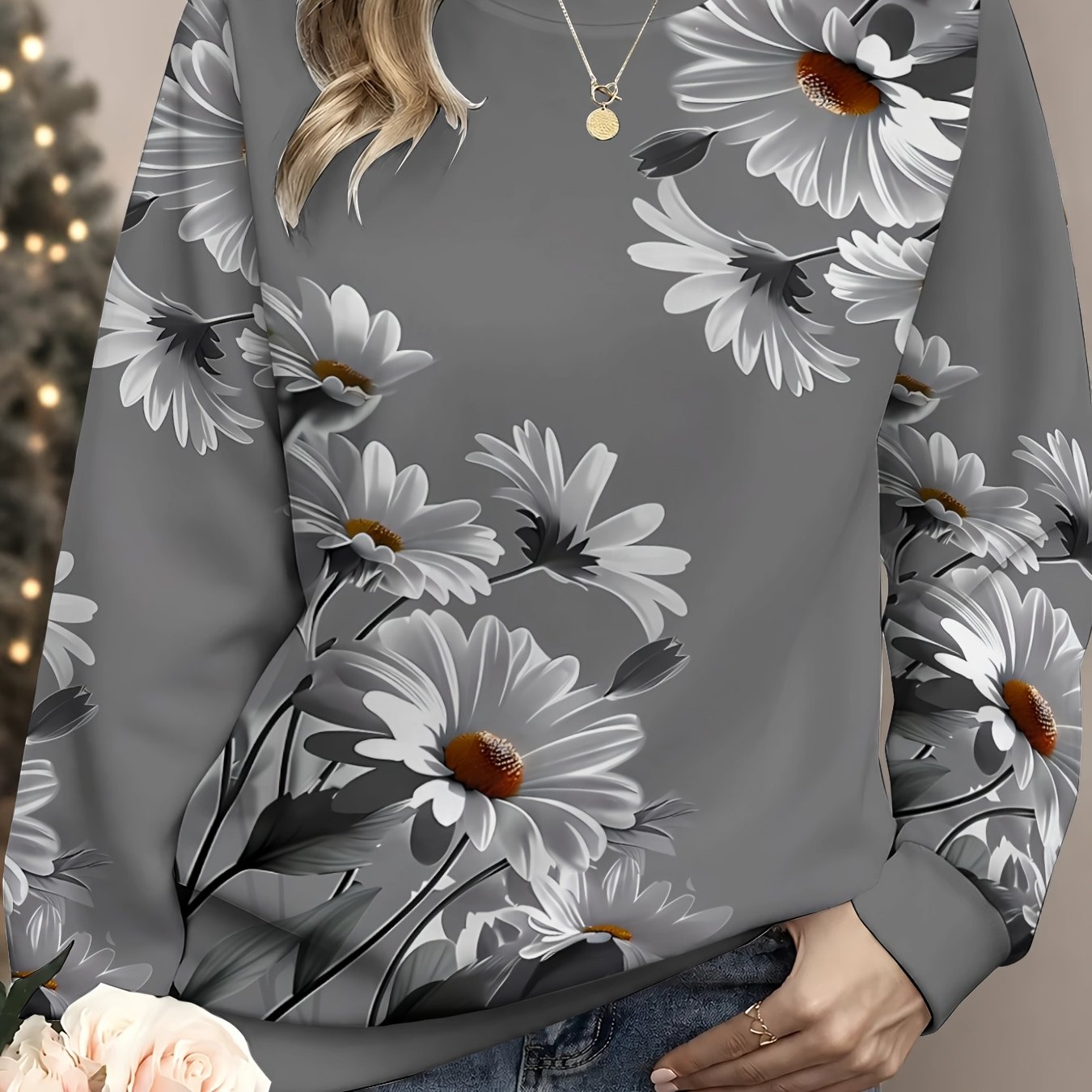 TEMU Women's Round Neck Sweatshirt, Casual Fashion Comfortable Soft Printed Design Long Sleeve Match