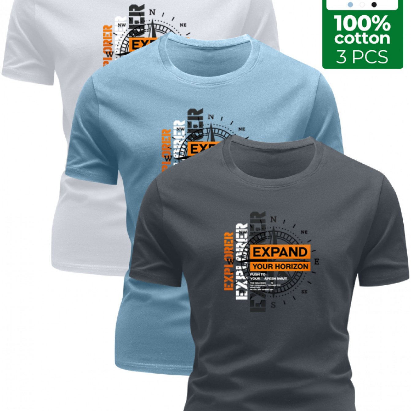 Image of 3pcs 100% T-shirt With Adventure-style Compass Print, Casual Crew Neck Design, Summer Trend