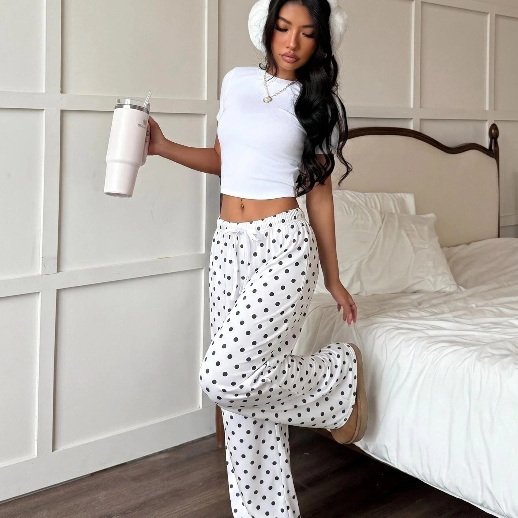 TEMU Women's Pants, Casual Loose Polka Dot Print Trousers, Long Length Floor-length Pants, , Wearable Outside