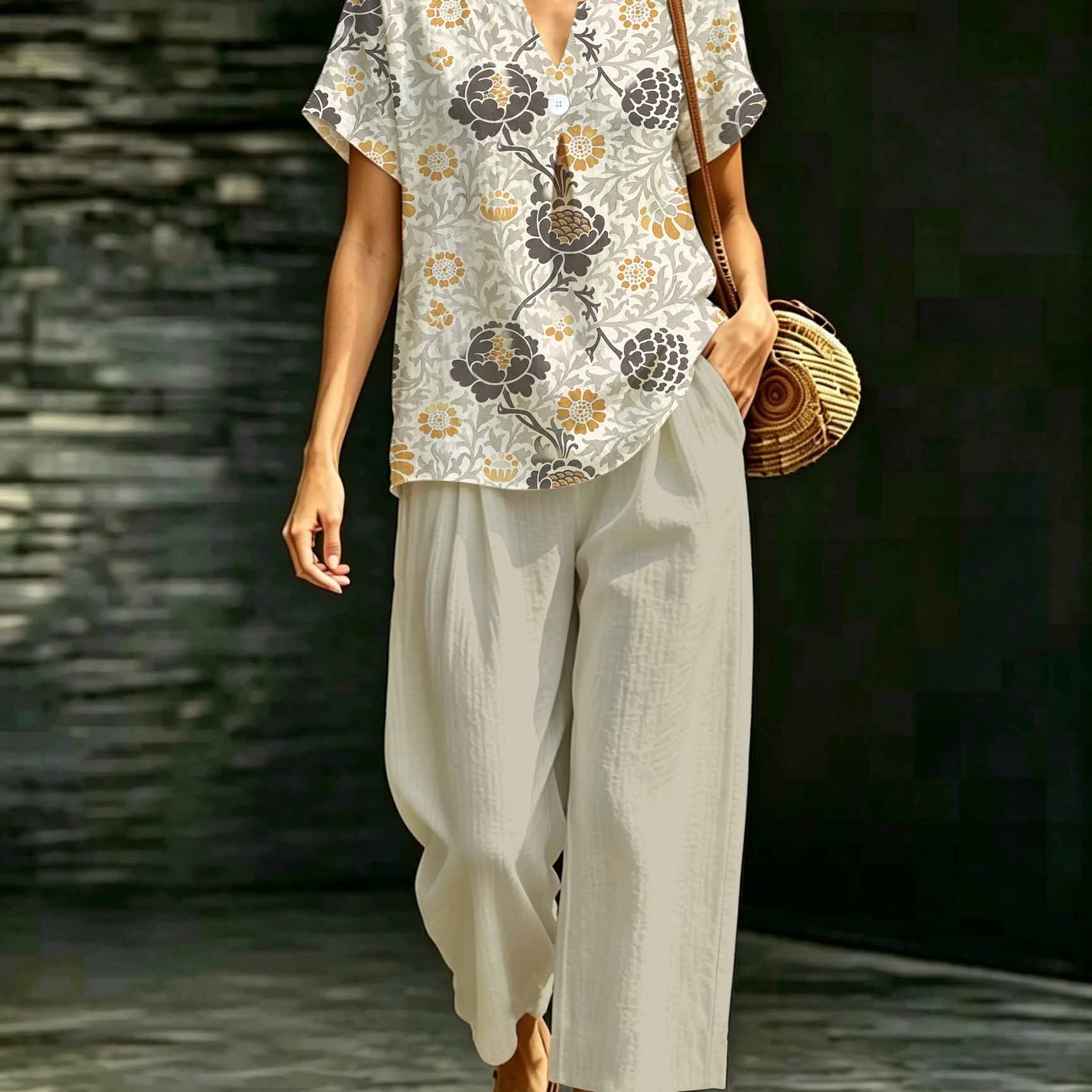 Image of Plus Size, Plus Size Women Casual 2pcs Outfit, Notch V-neck Vintage Gray Yellow Floral Short Sleeve Top & Solid Cropped Wide Leg Pants, Breathable Loose Set For Daily & Holiday