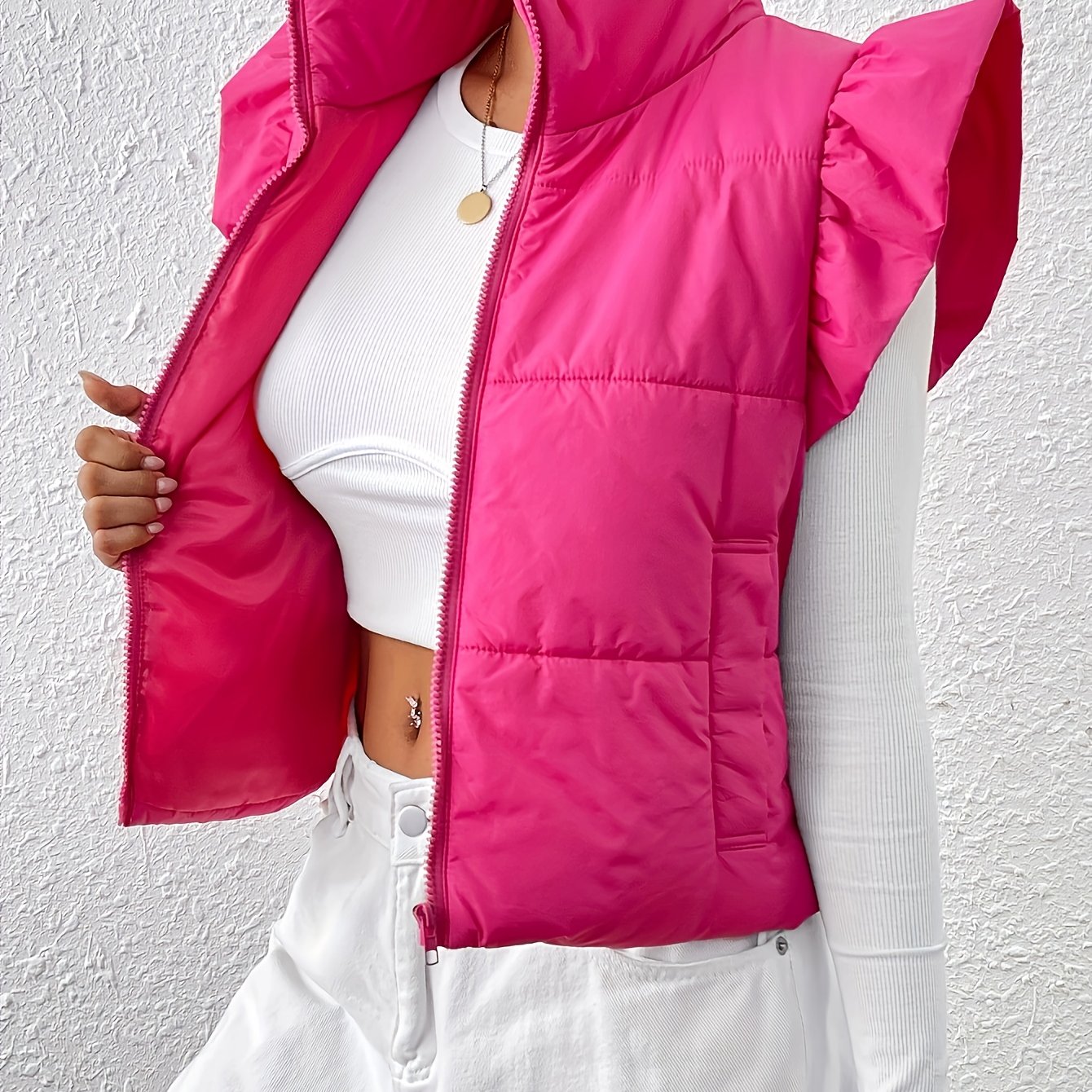 TEMU Chaleco de Invierno para Mujer - Cuello con Cremallera y Bolsillos, Ropa Exterior Casual Lavable a Máquina en Color Sólido para Otoño y Frío
