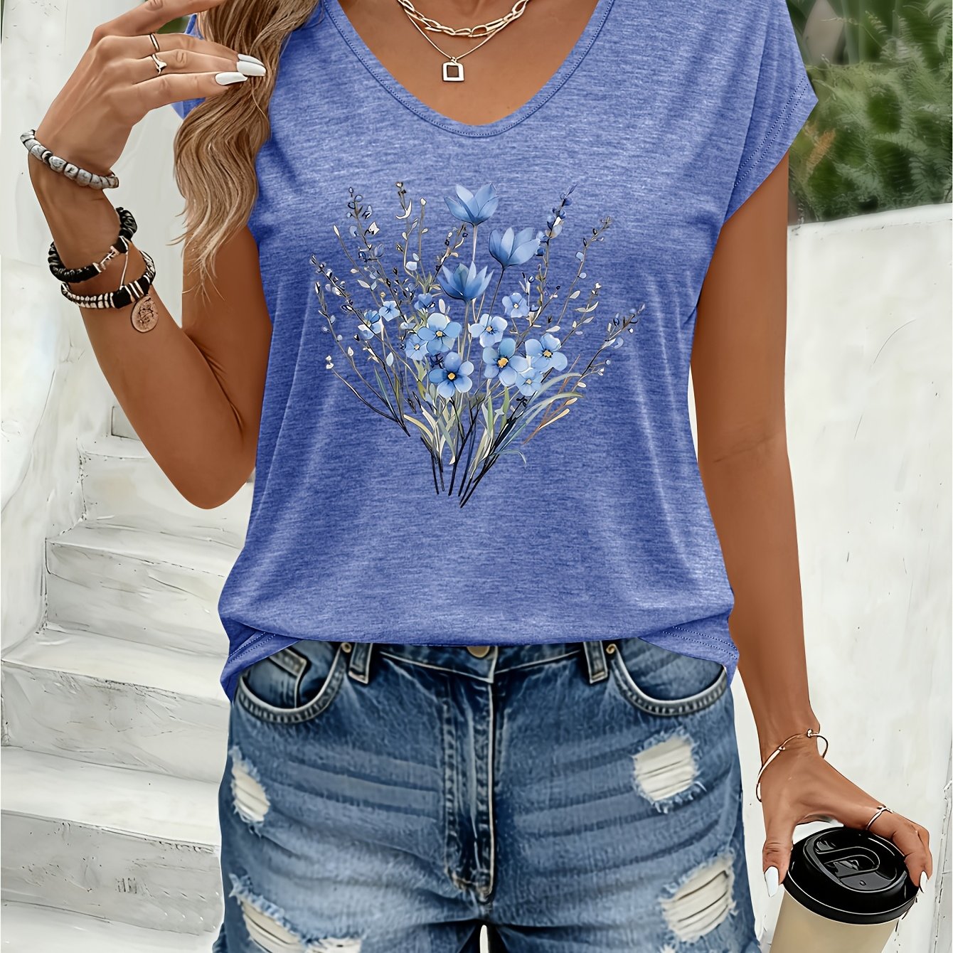 TEMU 1pc Printed Pattern Women's Colorful V-neck Cardigan T-shirt - Comfortable Spring And Summer Top, Machine Washable Regular Fit Shirt, Suitable