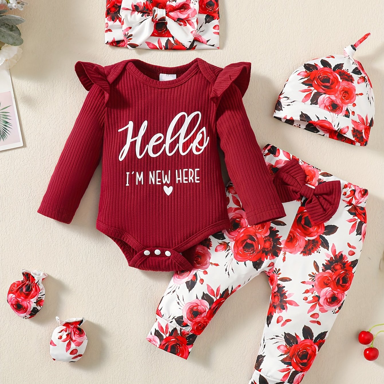 TEMU Newborn Baby Girl Clothes Hello I'm New Here Letter Romper+floral Pants+hat+headband+gloves Coming Home Outfits
