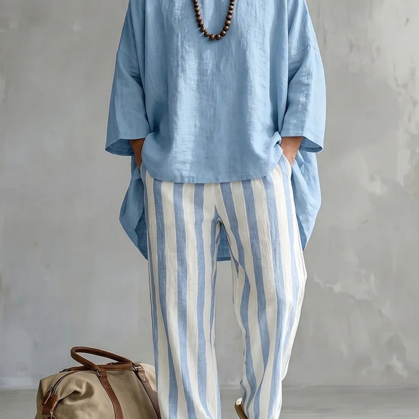 Image of Fashionable Spring And Summer 's Lazy Casual 2pcs Set, Flat Outfit, Loose-, Straight-leg Pants For Daily, Street, And Travel Wear