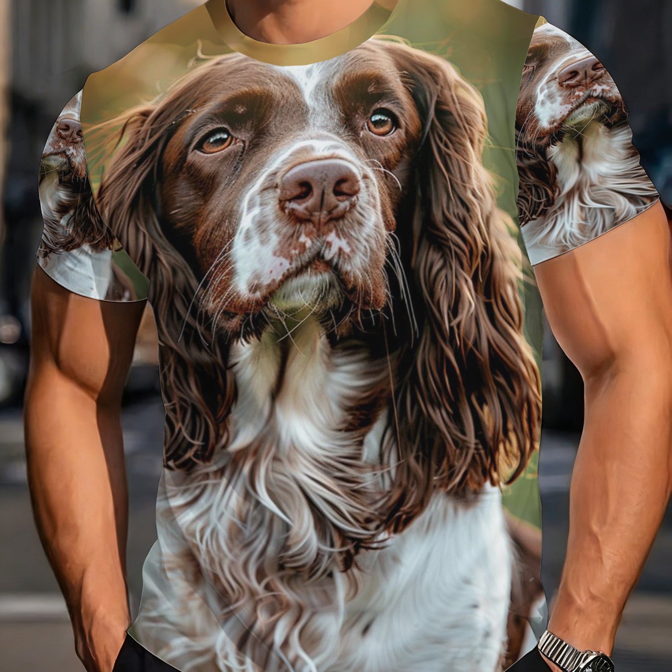 TEMU Cute Spaniel Pattern T-shirt, Adorable Dog Print Top, Casual Individual Animal Theme Short Sleeve, Trendy Versatile Canine Design Tee,