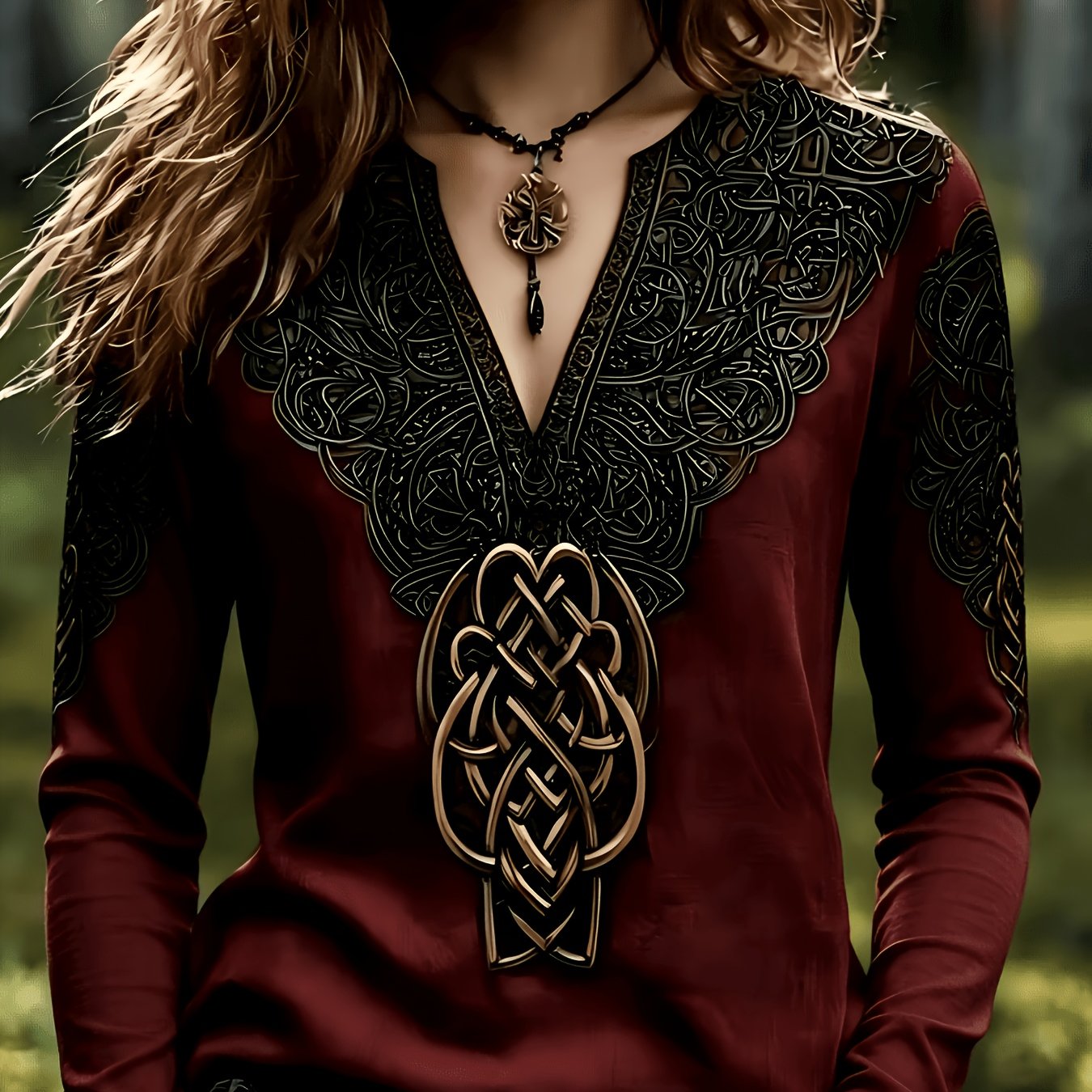 TEMU Plus Size, Plus Size Women's Vintage Celtic Knot Embroidered Print Long Sleeve Top, Bohemian Style Medieval Ethnic V-neck Burgundy Casual