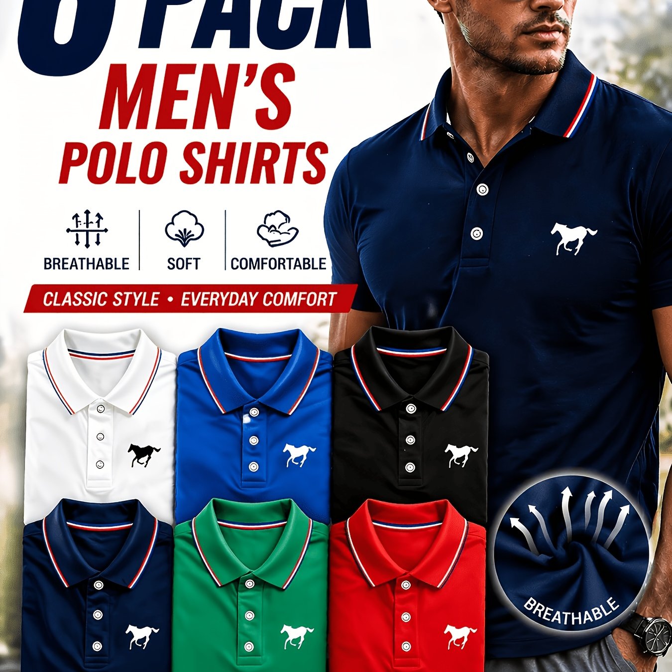 TEMU 6pcs Men's Collared Set Casual Fashion Loungewear Solid Short Sleeve Print Contrast Collar Breathable Daily Wear Multiple Colors (white/ Blue/