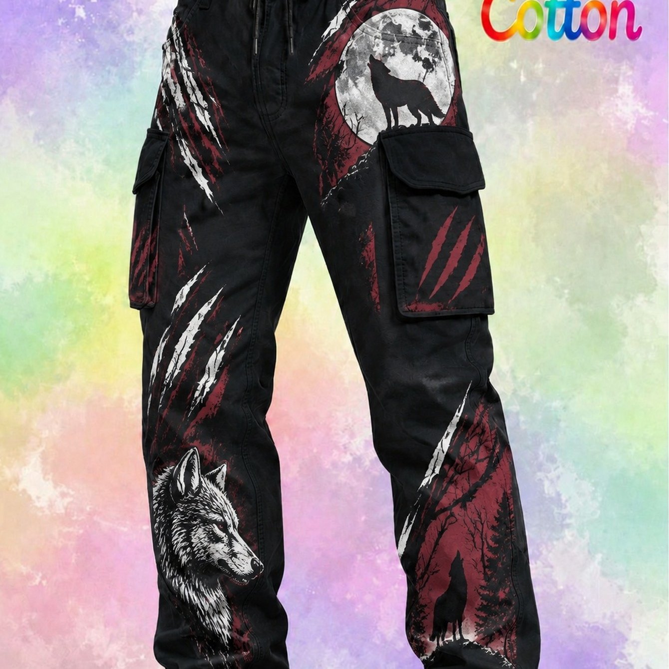 TEMU 's Lace-up Retro Cargo Pants With A Wolf Scratch And Moon Print Pattern, Suitable For Work And Casual Wear. Includes Multiple Practical Pockets.