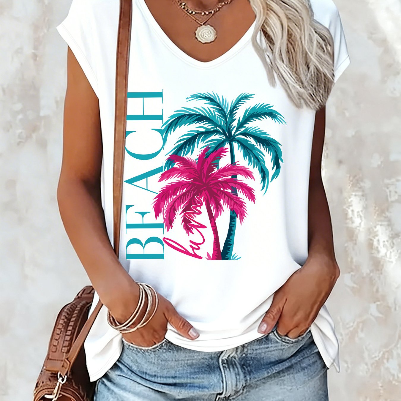 E-shop (067#) Ärmelloses Sommer-Tanktop mit V-Ausschnitt, T-Shirt mit V-Ausschnitt Kokospalmen-Aufdruck, Lässiges, bequemes atmungsaktives Oberteil im
