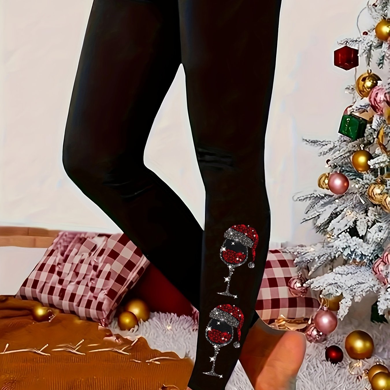 TEMU Women's Festive Christmas Graphic High-waist Leggings - Casual, Stretchy & Machine Washable