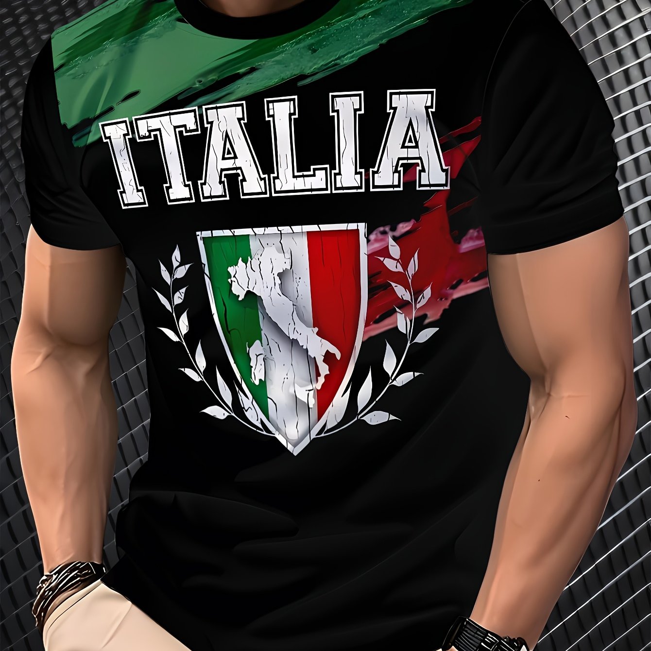 TEMU Men's Casual Italian Graphic Print T-shirt - Soft Polyester-spandex Blend, Plus Size Round Neck Short Sleeve Tee With Italia Design & Italian Flag Colors, Machine Washable, Italian T Shirt