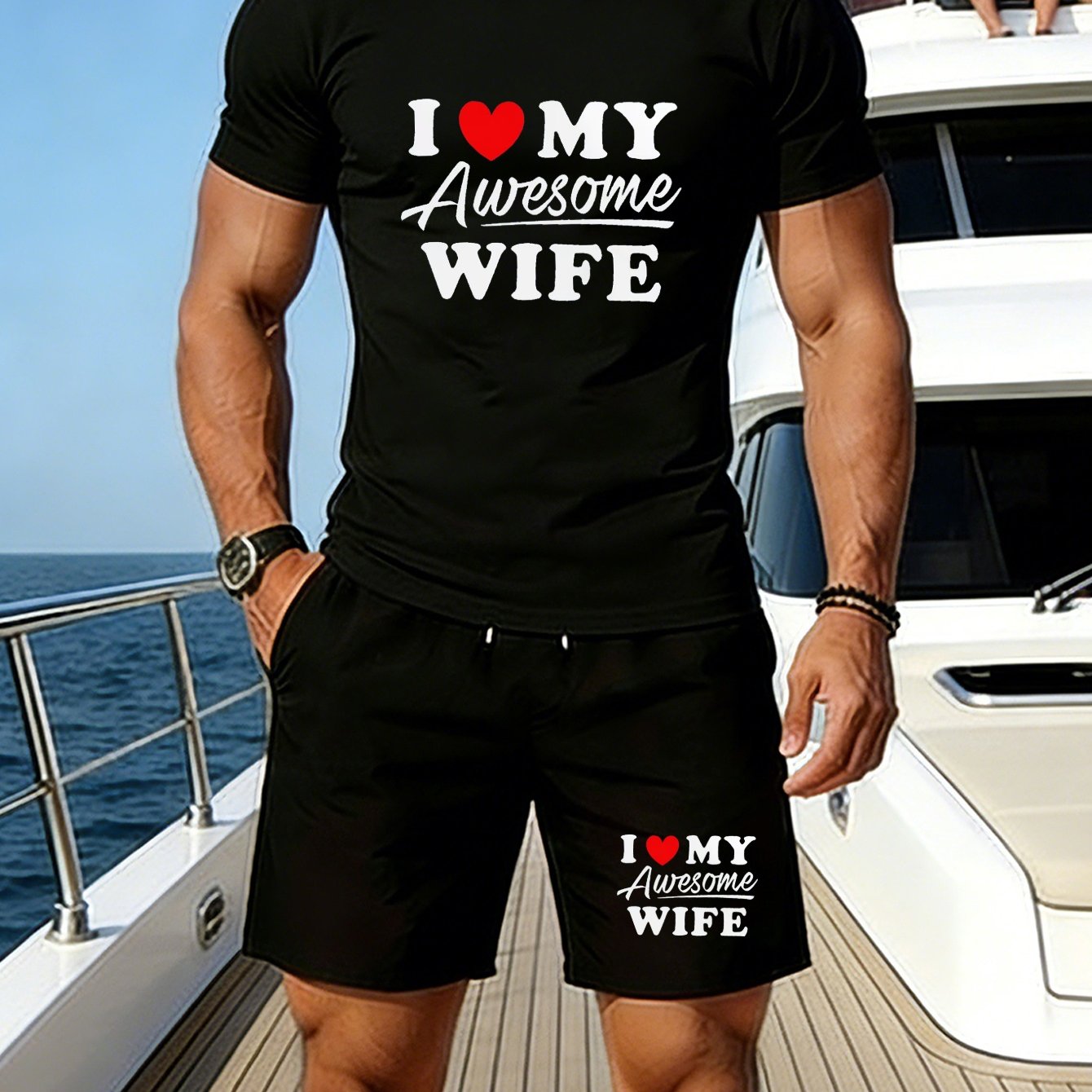 TEMU Men's Mesh Short Sleeve Shorts Set, Breathable Quick Dry Gift For Boyfriend I Love My Awesome Wife Print, Spring Summer Fashion Sports Suit