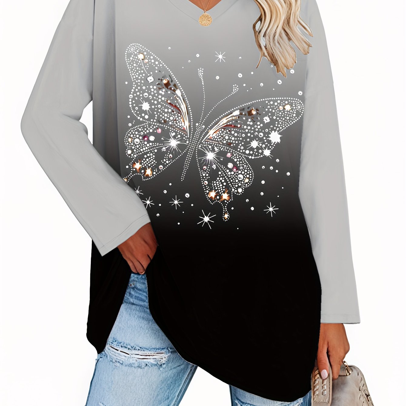 Plus Size - Plus Size - Plus Size Women's Spring Summer Fall Print V-neck T-shirt, , Casual Comfortable Long Sleeve Top
