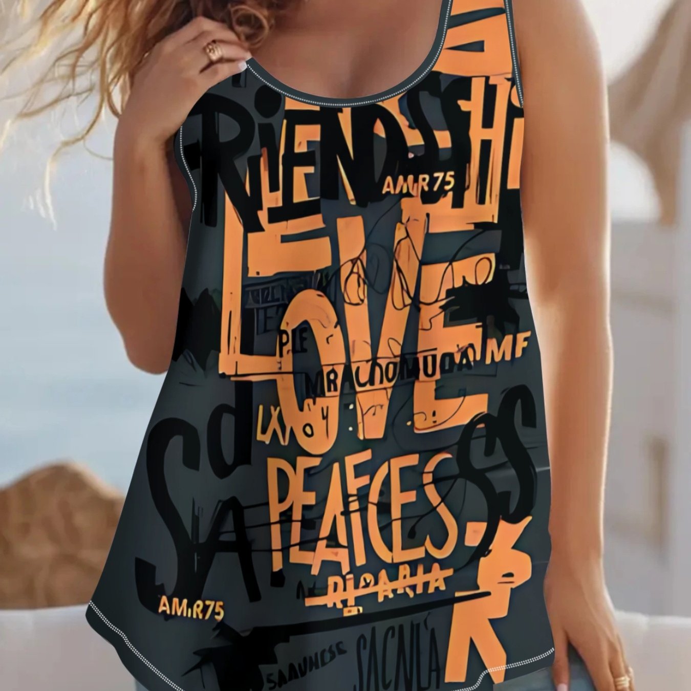 TEMU Damen-Tanktop für den Sommer 2026 mit dunkelgrauer Basis orange-schwarzem Graffiti-Buchstaben-Druck, lockere Passform, U-Ausschnitt, ärmelloses