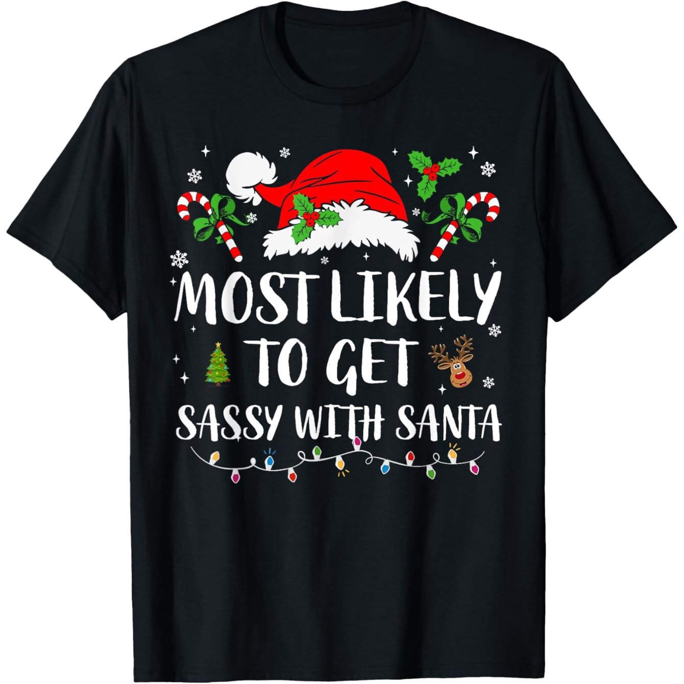 TEMU Funny Christmas T-shirt - Get Sassy With Santa Slogan, Black Short Sleeve Crew Neck Holiday Party Outfit With White Print & Santa Hat Design,
