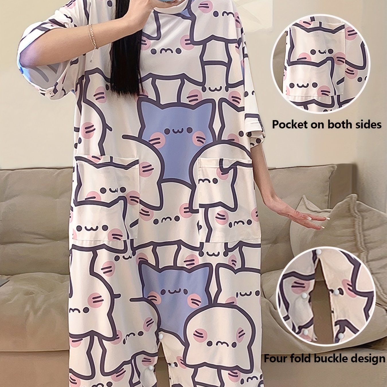 E-shop [Two-Wear] Kann als Rock getragen werden, kann als Jumpsuit getragen werden, neuer Damen Sommer Cartoon Niedlicher Lockerer Jumpsuit Pyjama -