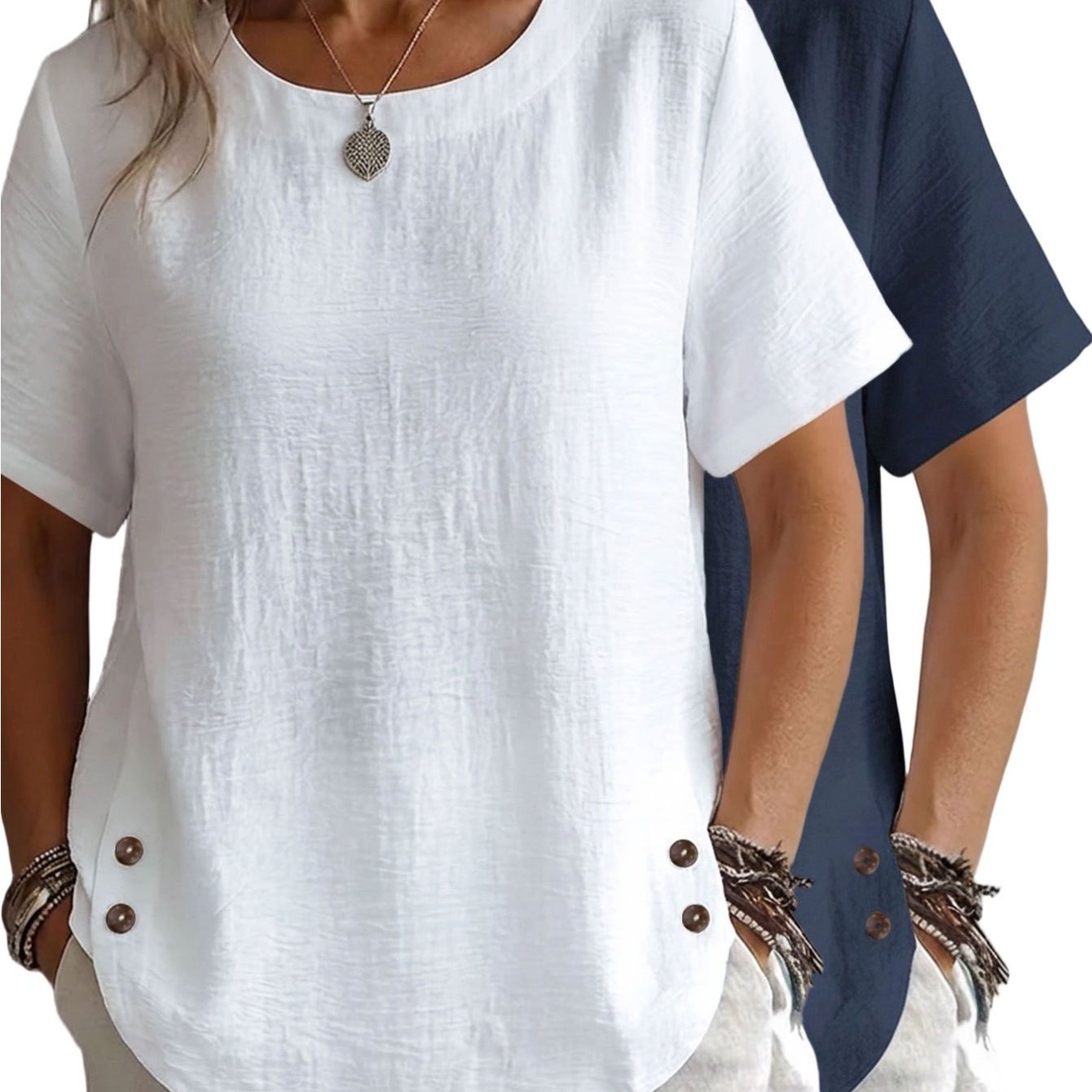 TEMU Solid Color 2pcs Set Sz Women's Summer Top, Solid Color, Casual, Loose Fit, Round Neck, Short Sleeve Top