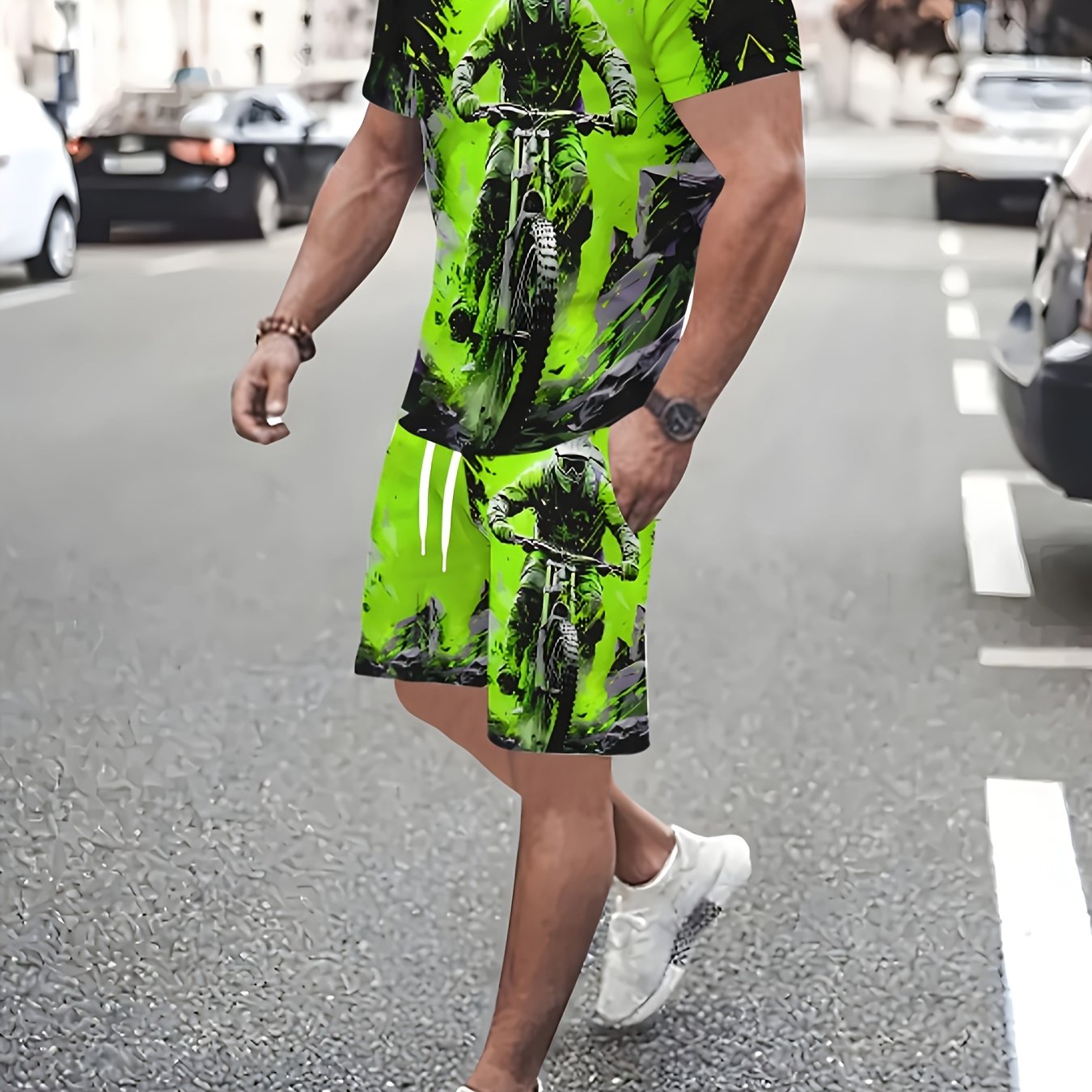 TEMU Ensemble 2 pièces pour Hommes Kebisi à Manches Courtes avec Motif de Cyclisme Imprimé sur T-shirt à Manches Courtes et Shorts de Sport à Poche à