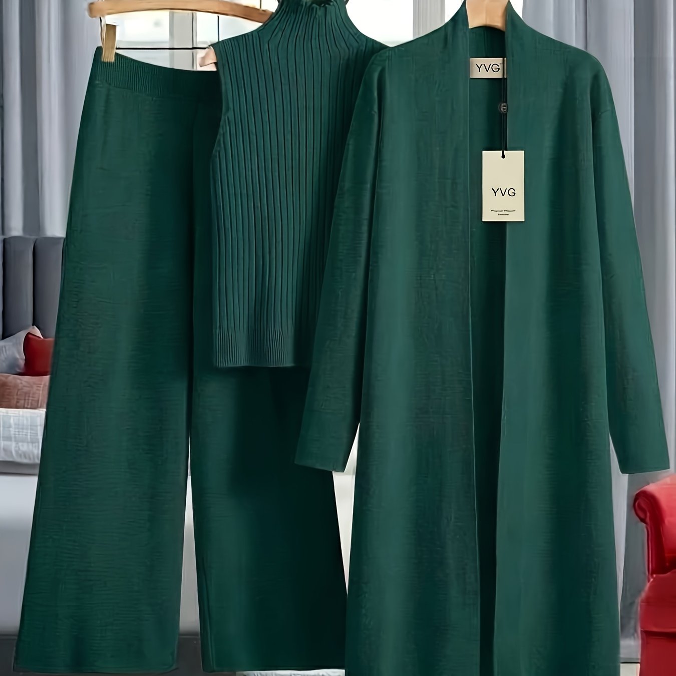TEMU Yvg Genuine - Women's Autumn And Winter New Loose Set: Long Wide-leg Pants + Shawl Cardigan + High-collar Sweater Vest Fashion Three-piece Set