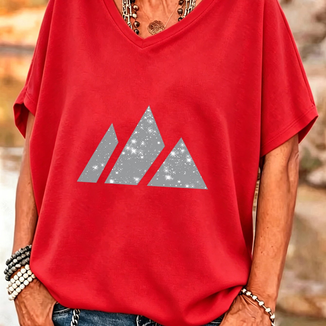 TEMU Plus Size Women's T-shirt Batwing Sleeve V-neck Top Plus Size 1xl-8xl Mountain Pattern Printed Pattern Versatile Pullover Shirt Batwing Sleeve