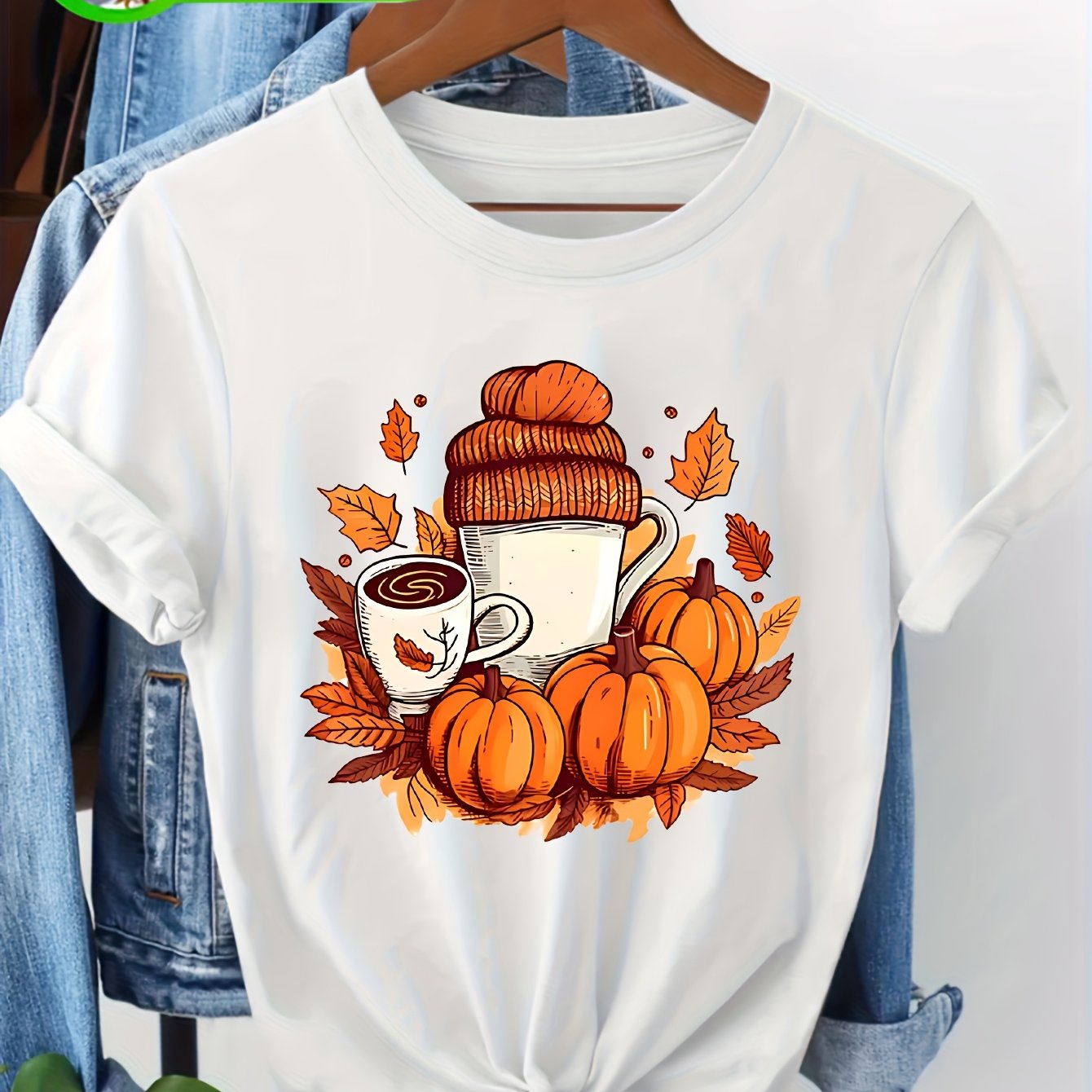 Image of Plus Size - Autumn Bean Coffee Cup Pumpkin Maple Leaf Pattern T-shirt, Season Women's T-shirt, 100% Casual Autumn Set Top