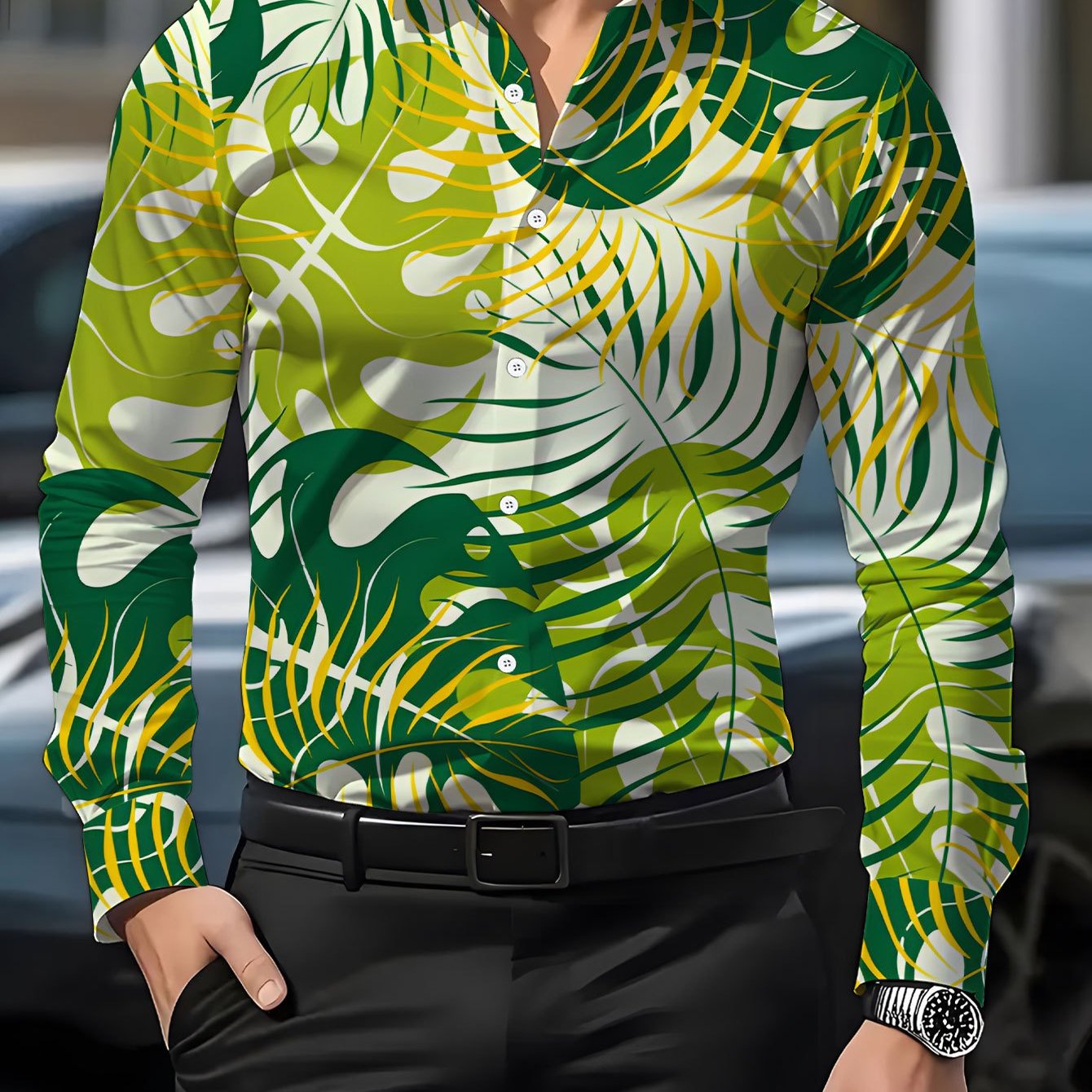 TEMU Men's Casual Shirt With , Featuring A Large Size, Long Sleeves, And A Tropical Plant Pattern In Yellow And Green. Stylish And Clothing Suitable