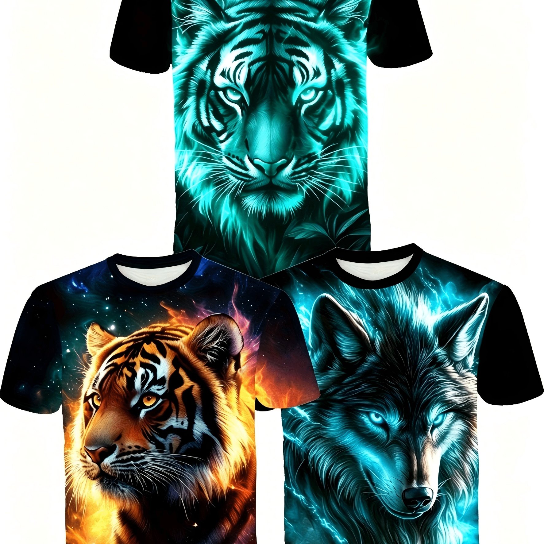 TEMU 3pcs Set Men's Tiger Wolf Print T-shirt - Short Sleeve Round Neck Summer Outdoor Casual Comfortable Colorful Design, Lightweight Summer Short