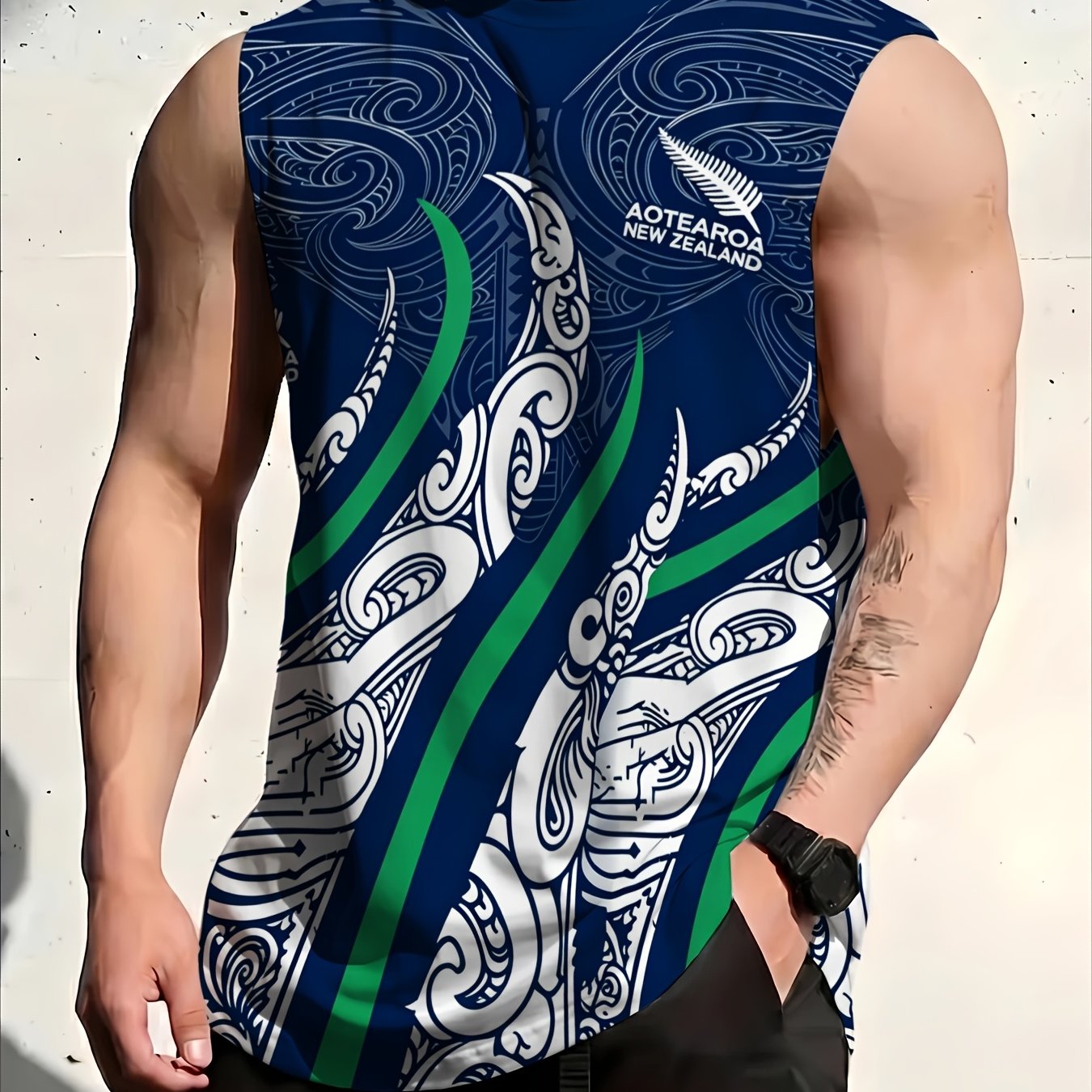 TEMU (printed Design - Not Textured) Men's Crew Neck Tank Top, Dark Blue, New Zealand Maori Totem Print, " New Zealand" Lettering, Sleeveless Top For