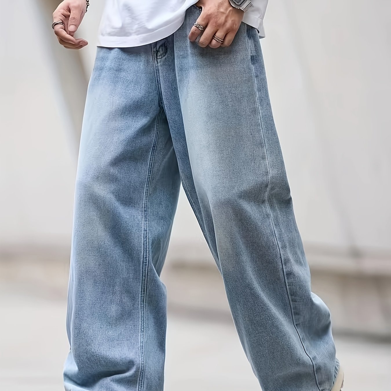 TEMU Jeans da a larga lavoretti, pantaloni casual in denim a lunghezza totale e vestibilit� , jeans classici da a 5 tasche in stile streetwear