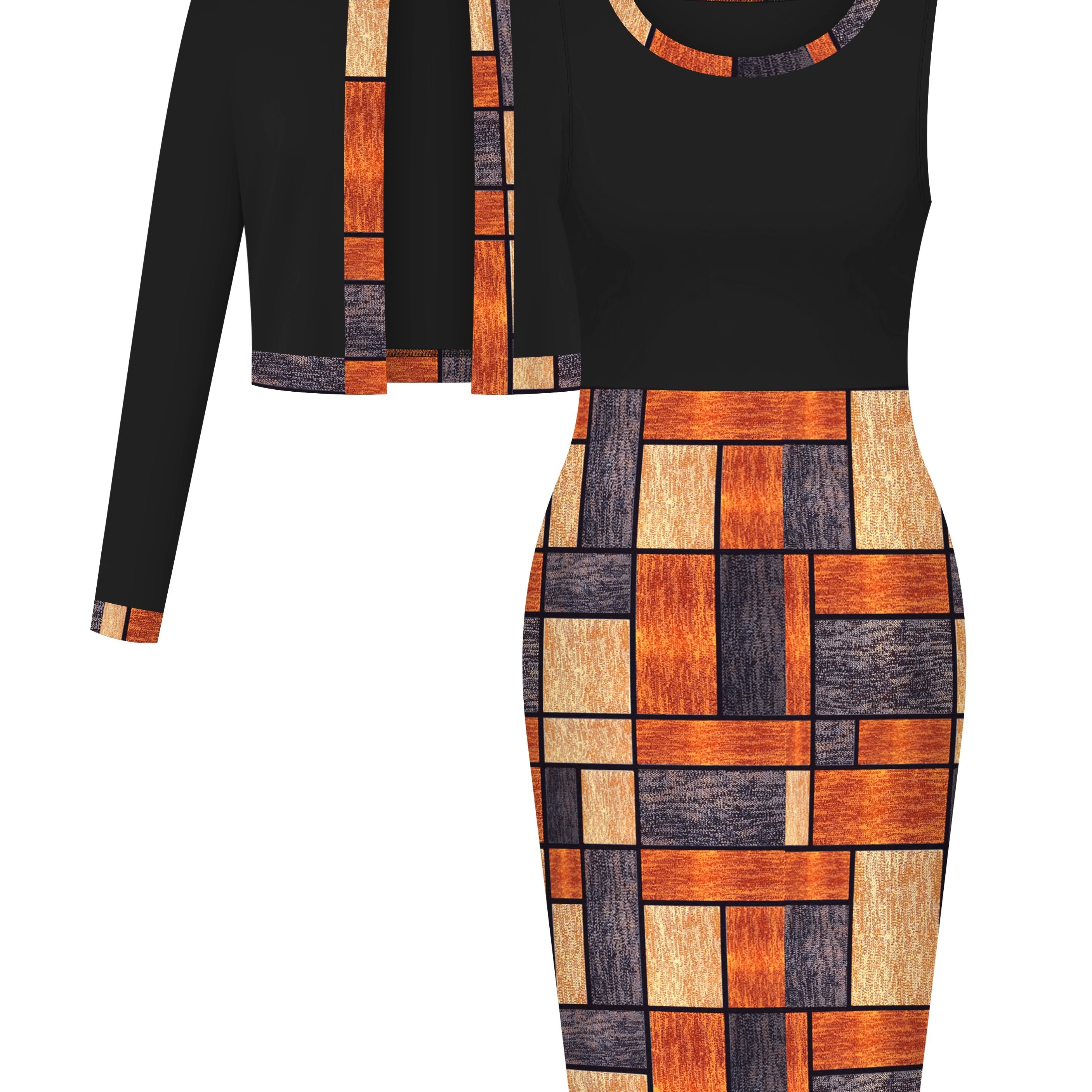 Women's Elegant Set Color Block Geometric Print Cardigan Long Sleeve Jacket And Dress Two-piece Set